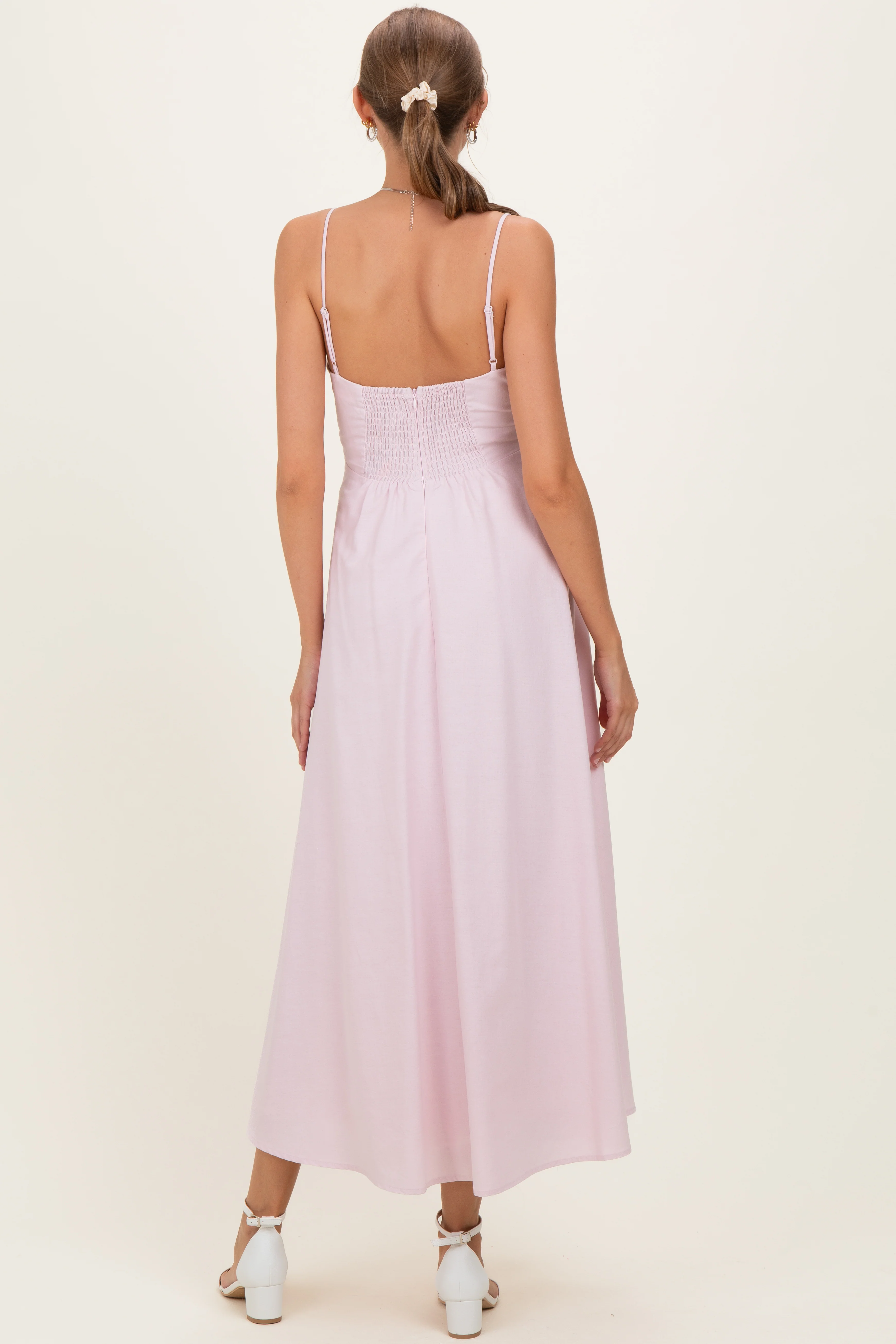 Light Pink Linen A-Line Flared Maternity Midi Dress - Image 3