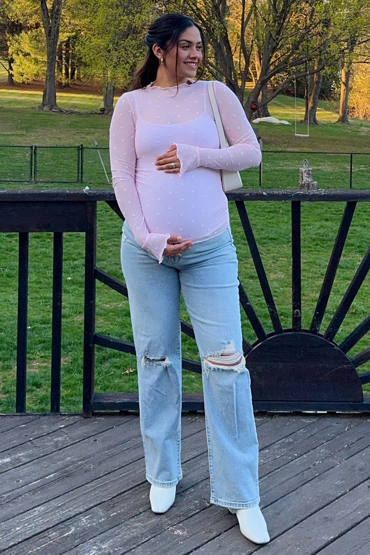 Light Pink Mesh Heart High Neck Long Sleeve Maternity Top - Image 5