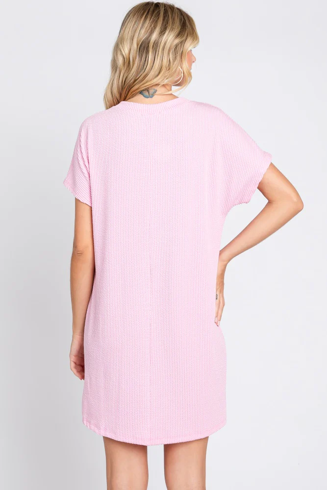 Light Pink Ribbed Front Pocket Dolman Short Sleeve Dress - Image 4