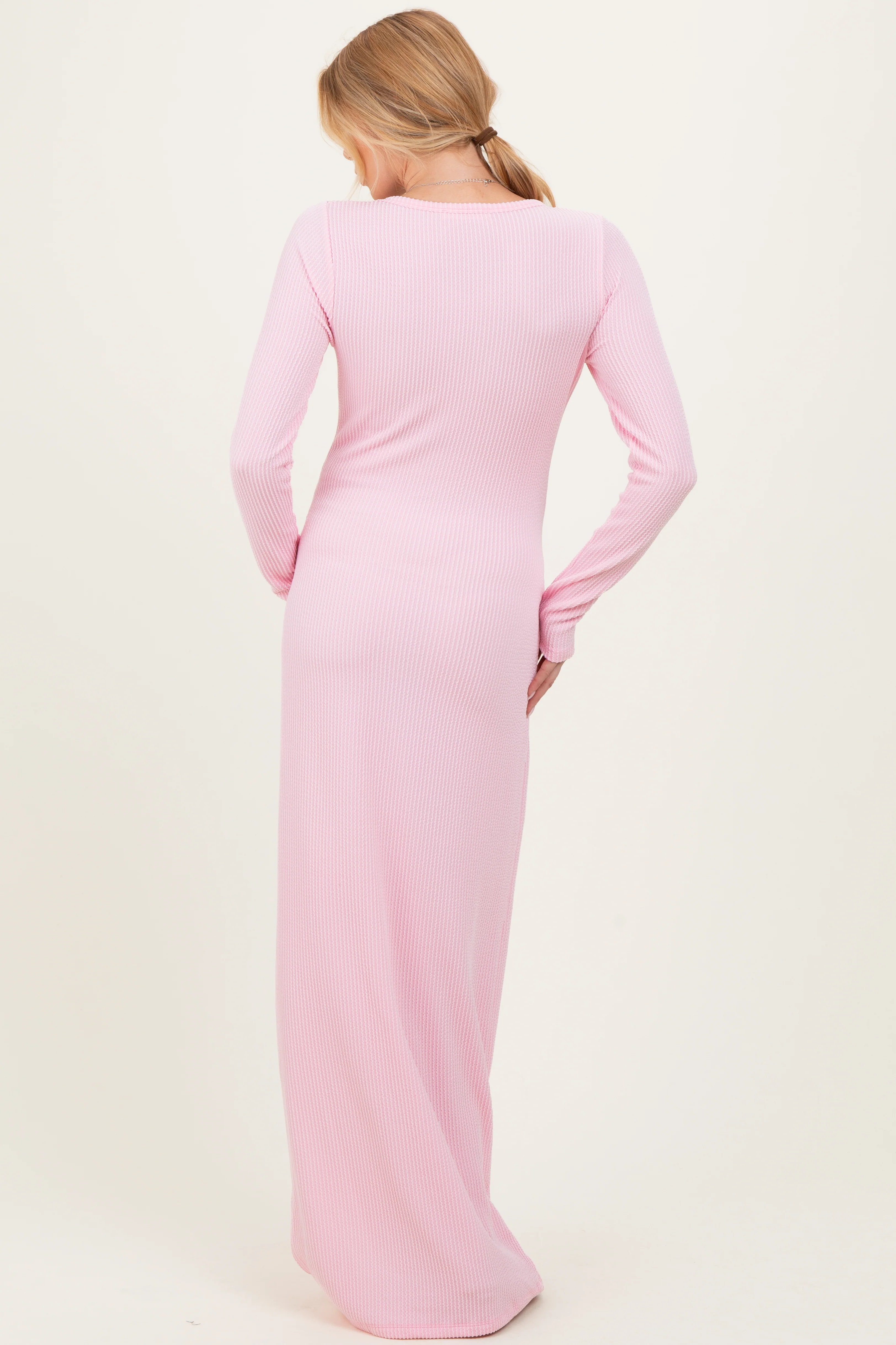 Light Pink Ribbed Long Sleeve Side Slit Maternity Maxi Dress - Image 3
