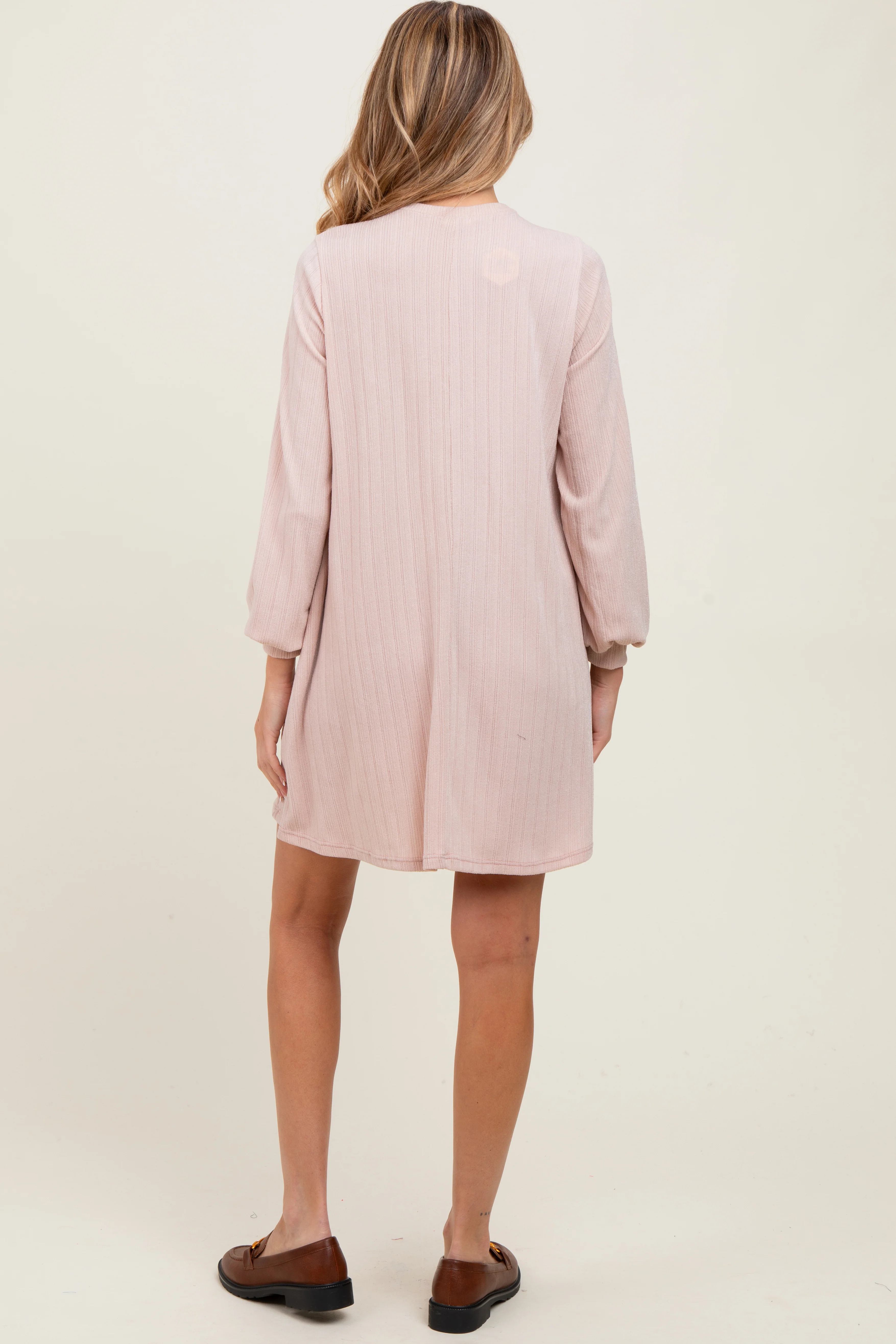 Light Pink Ribbed Mock Neck Bubble Sleeve Maternity Dress - Image 4