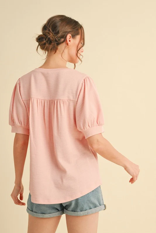 Light Pink Ribbed Puffed Sleeve Top - Image 2