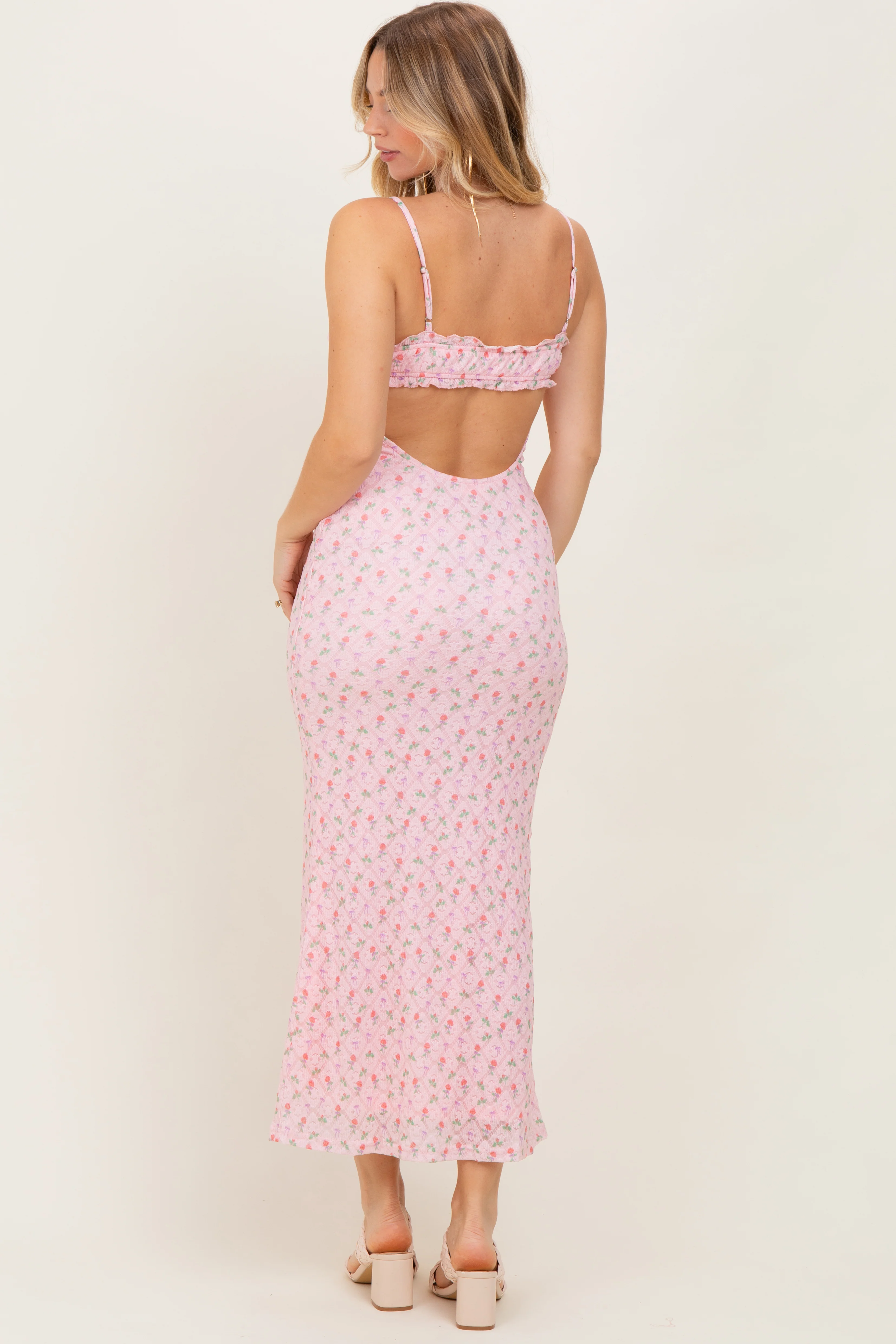 Light Pink Rose Print Jacquard Front Tie Cutout Maxi Dress - Image 4