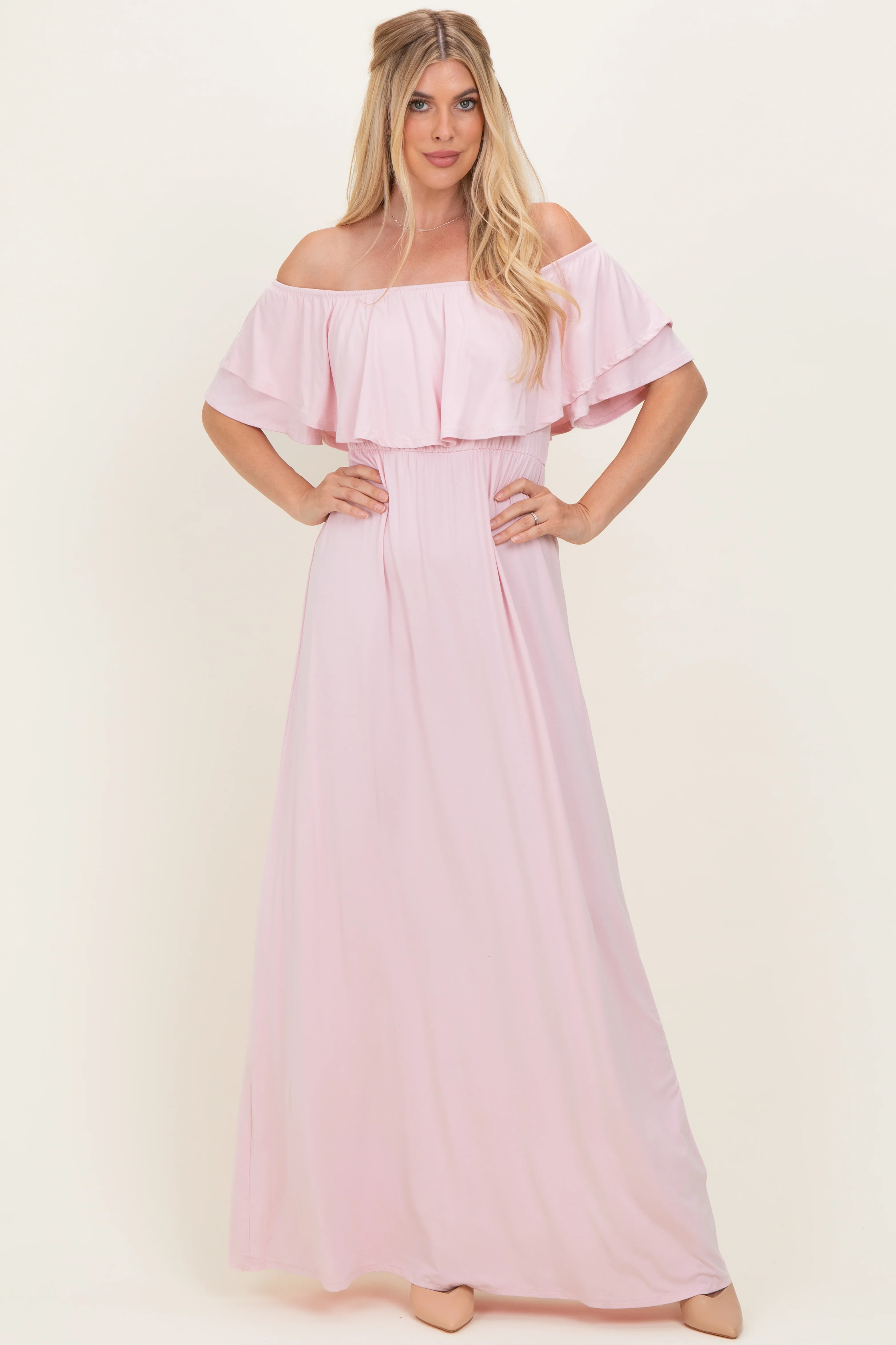 Light Pink Ruffle Off Shoulder Maternity Maxi Dress - Image 5