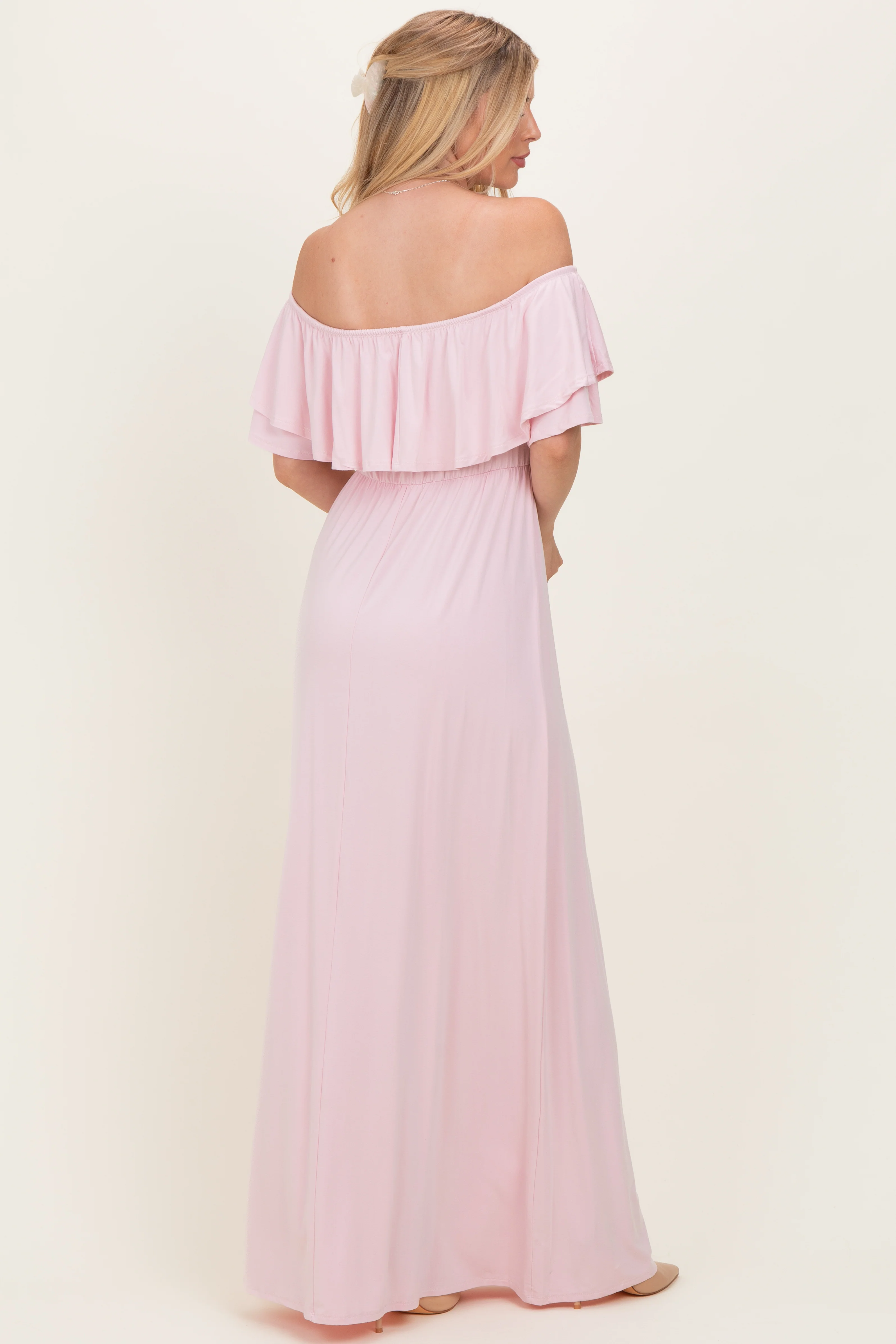 Light Pink Ruffle Off Shoulder Maxi Dress - Image 3