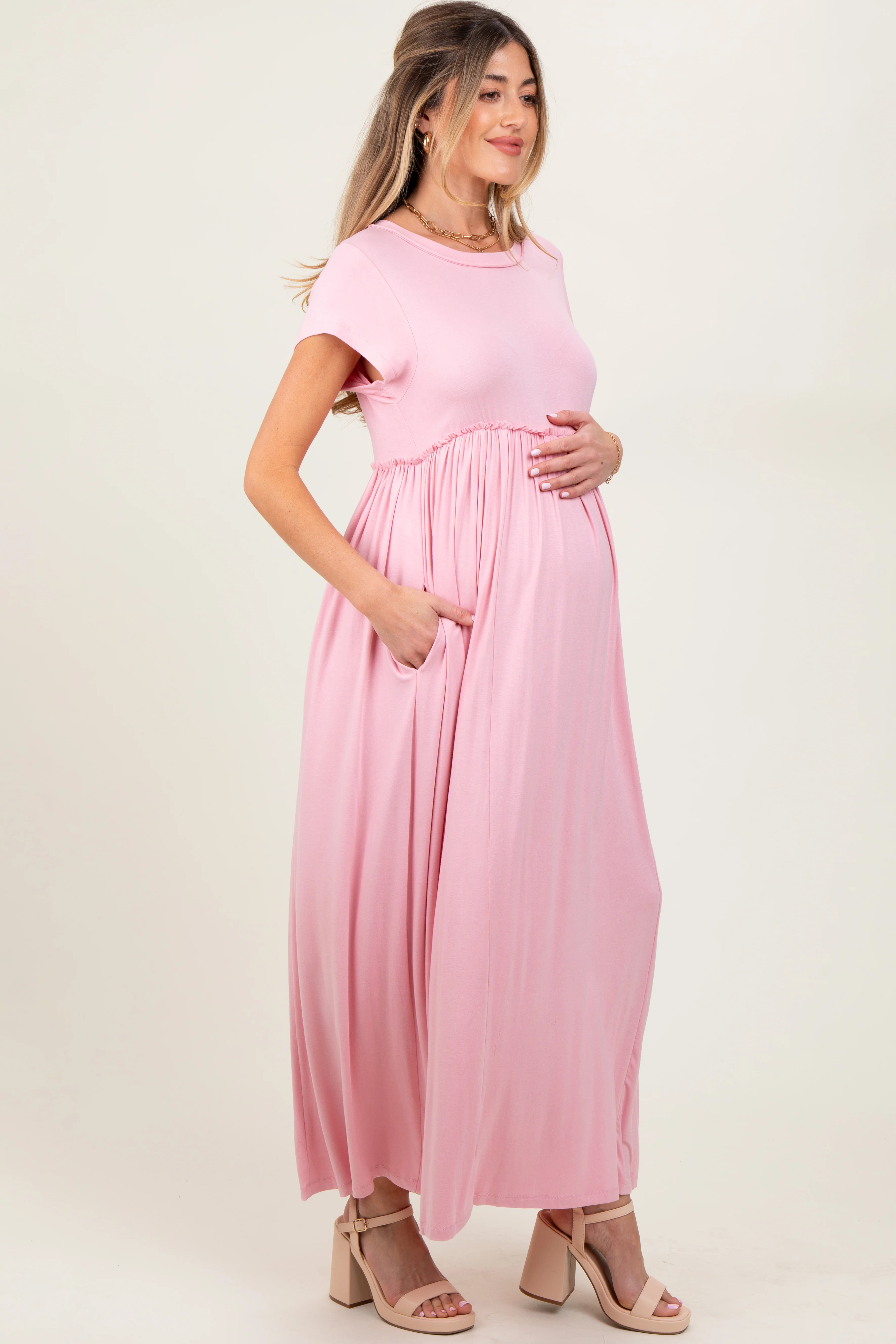 Light Pink Short Sleeve Pocketed Maternity Maxi Dress - Image 3
