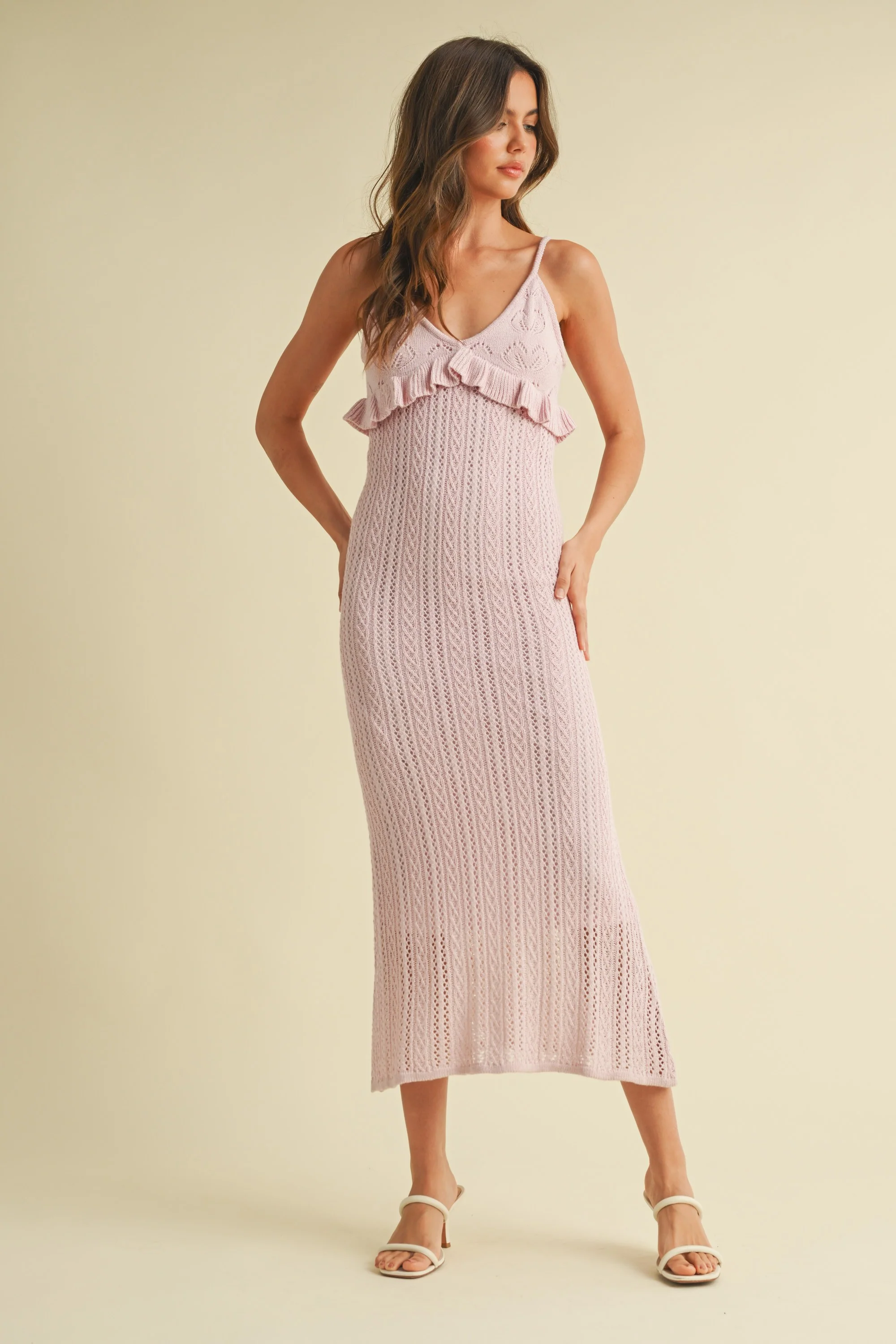 Light Pink Sleeveless Frill Sweater Midi Dress - Image 3