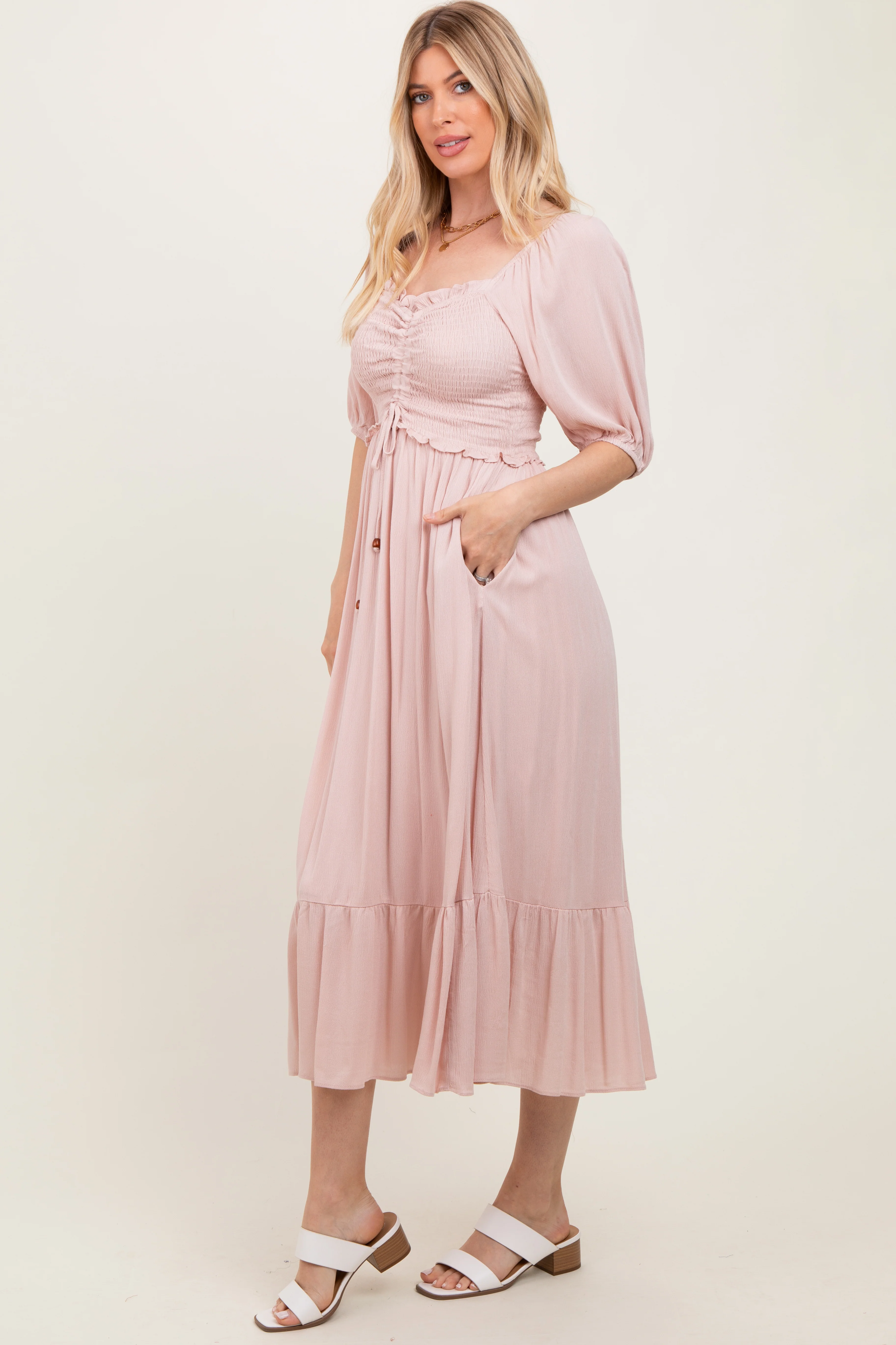 Light Pink Smocked Cinched Front Maxi Dress - Image 3