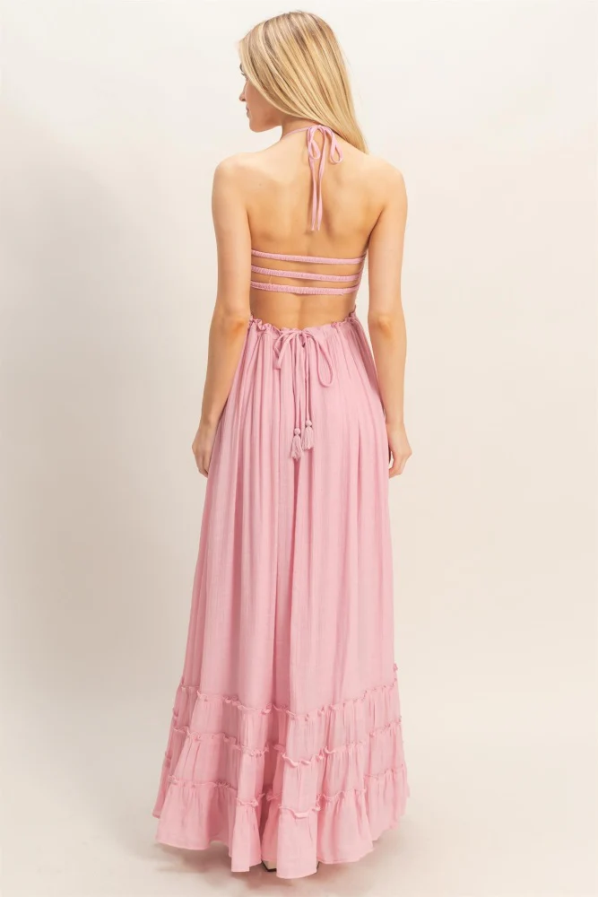 Light Pink Smocked Halter Open Back Maxi Dress - Image 4