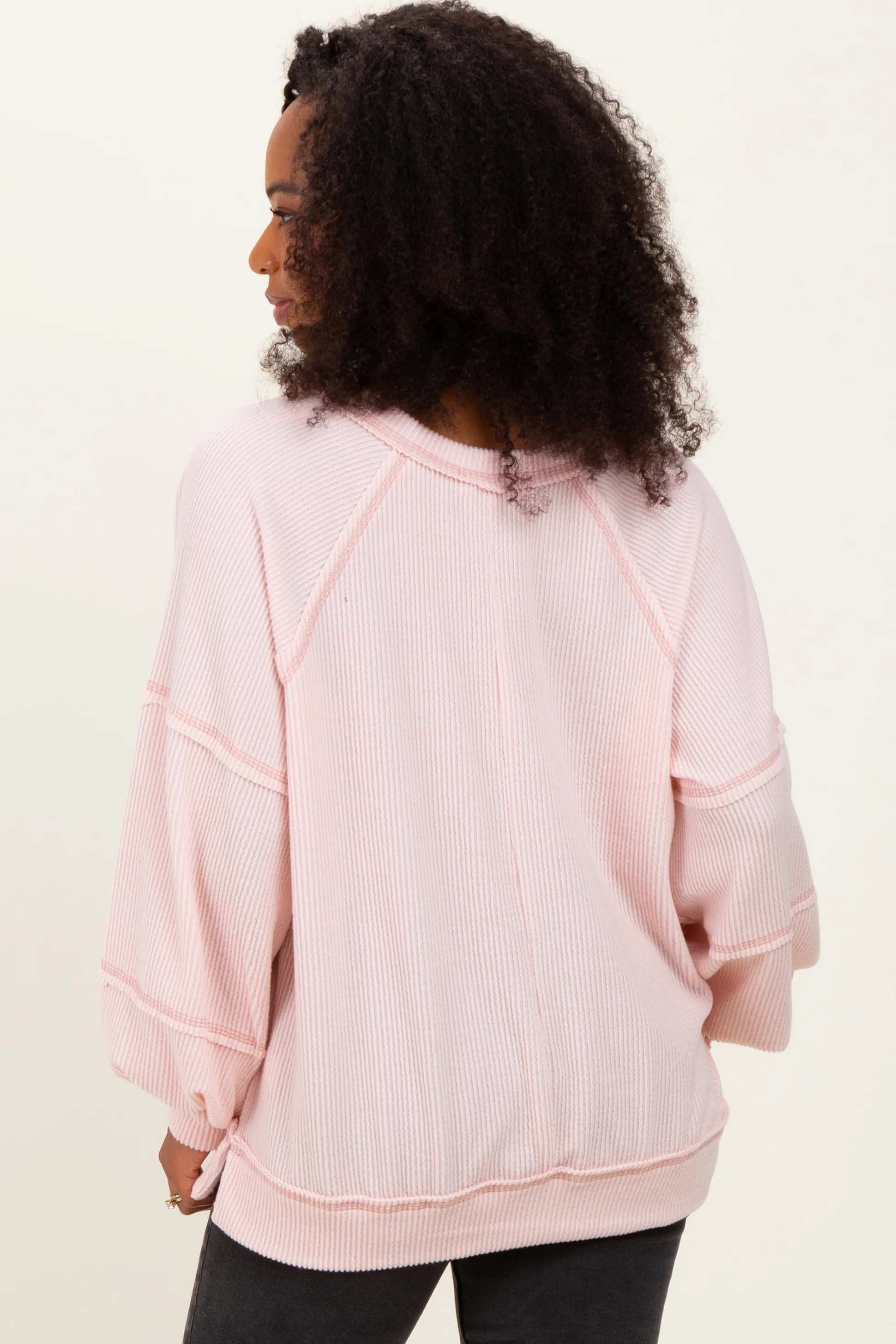 Light Pink Solid Rib Long Sleeve V-Neck Oversized Tunic Top - Image 3