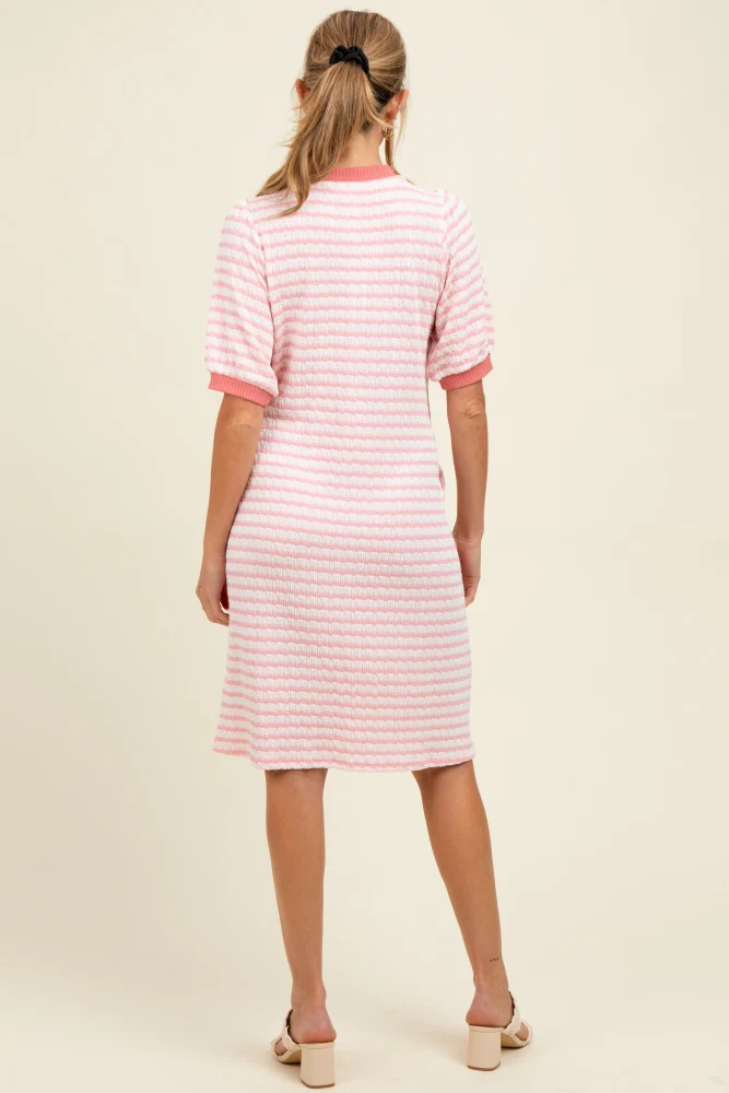 Light Pink Striped Textured Knit Button Up Maternity Dress - Image 3