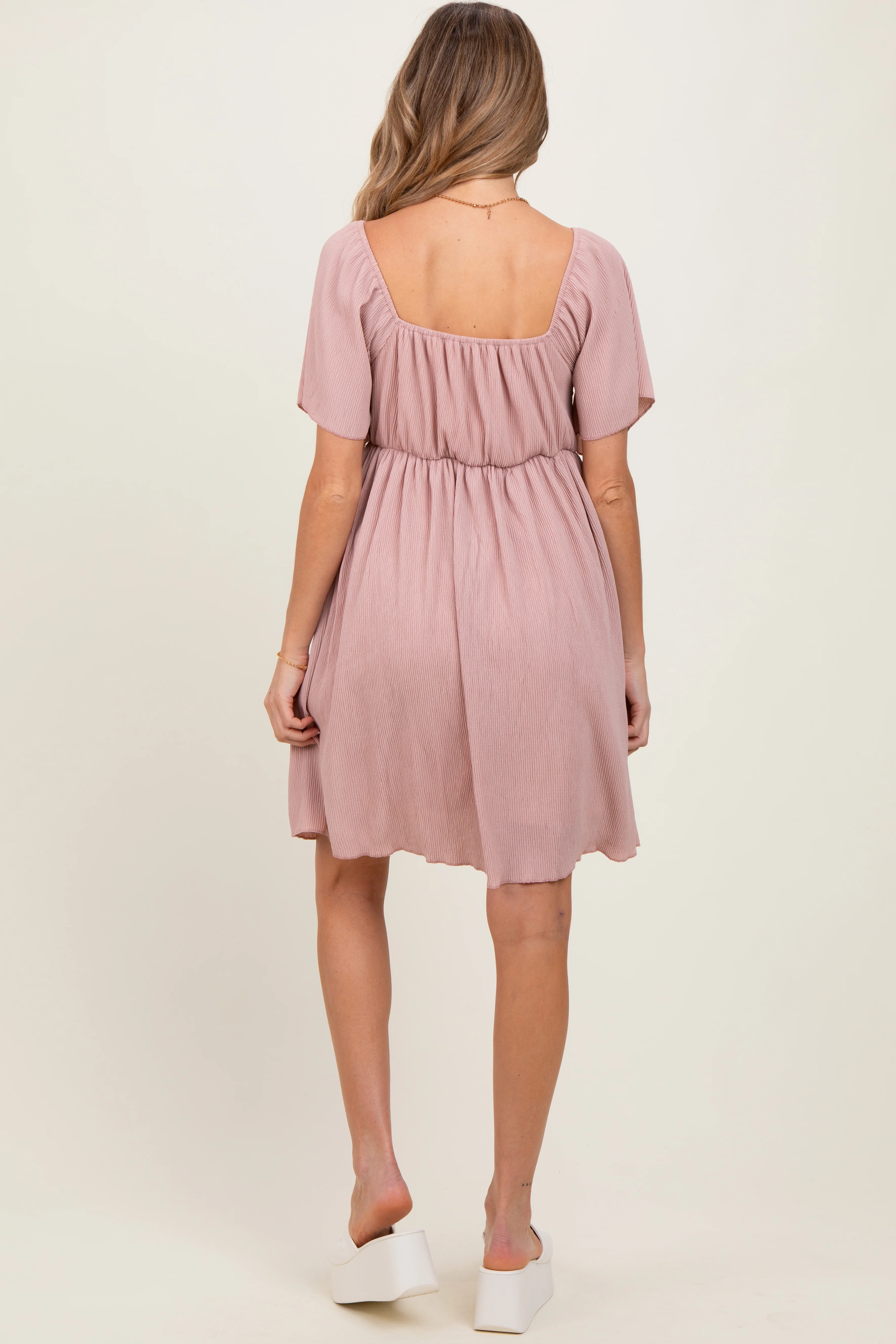 Light Pink Sweetheart Neckline Plisse Maternity Dress - Image 4