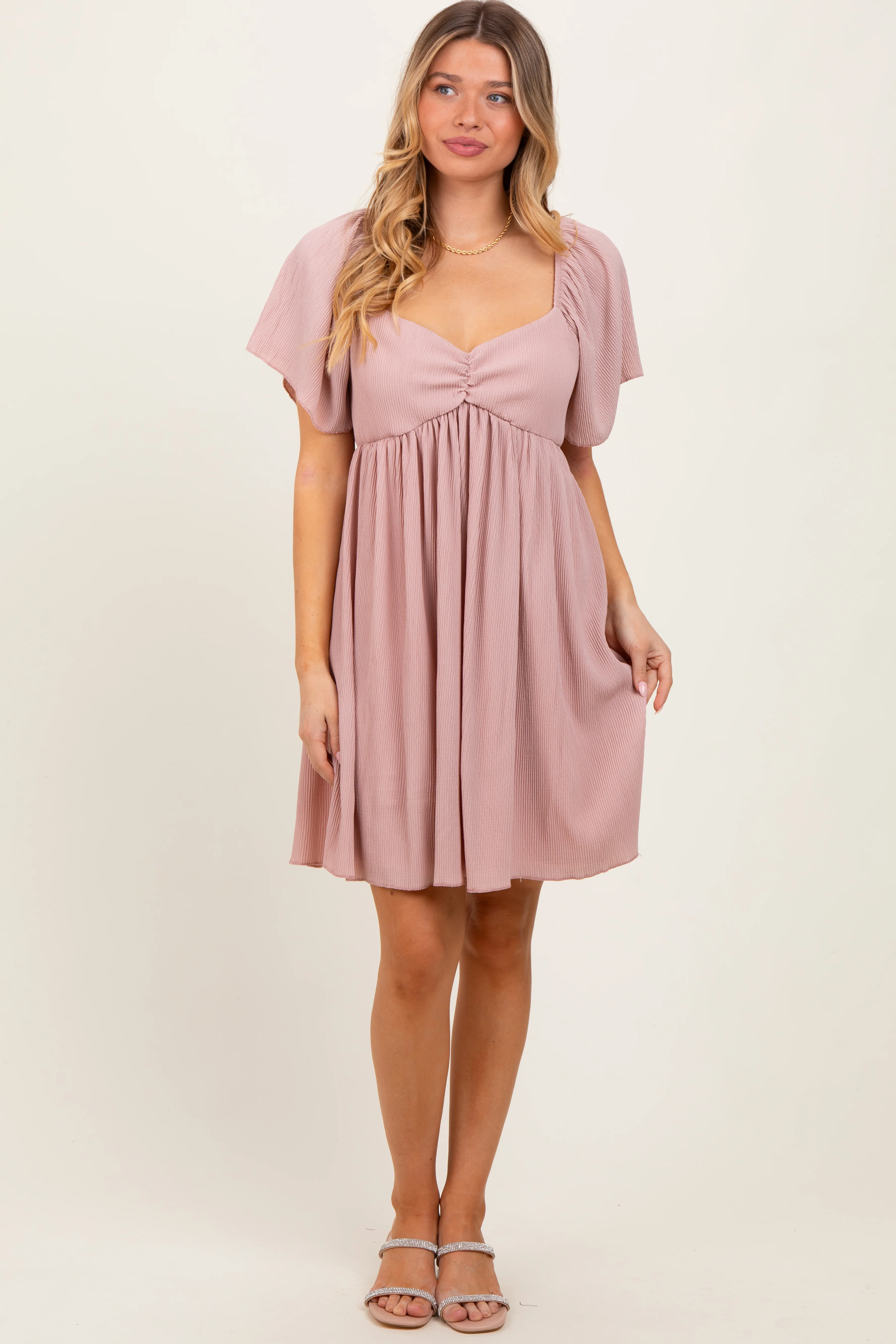 Light Pink Sweetheart Neckline Plisse Maternity Dress - Image 5