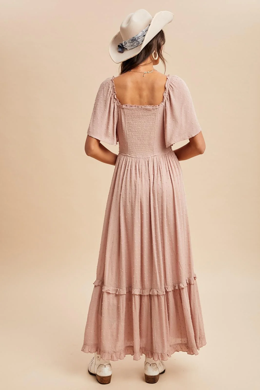 Light Pink Swiss Dot Ruffle Trim Maxi Dress - Image 4