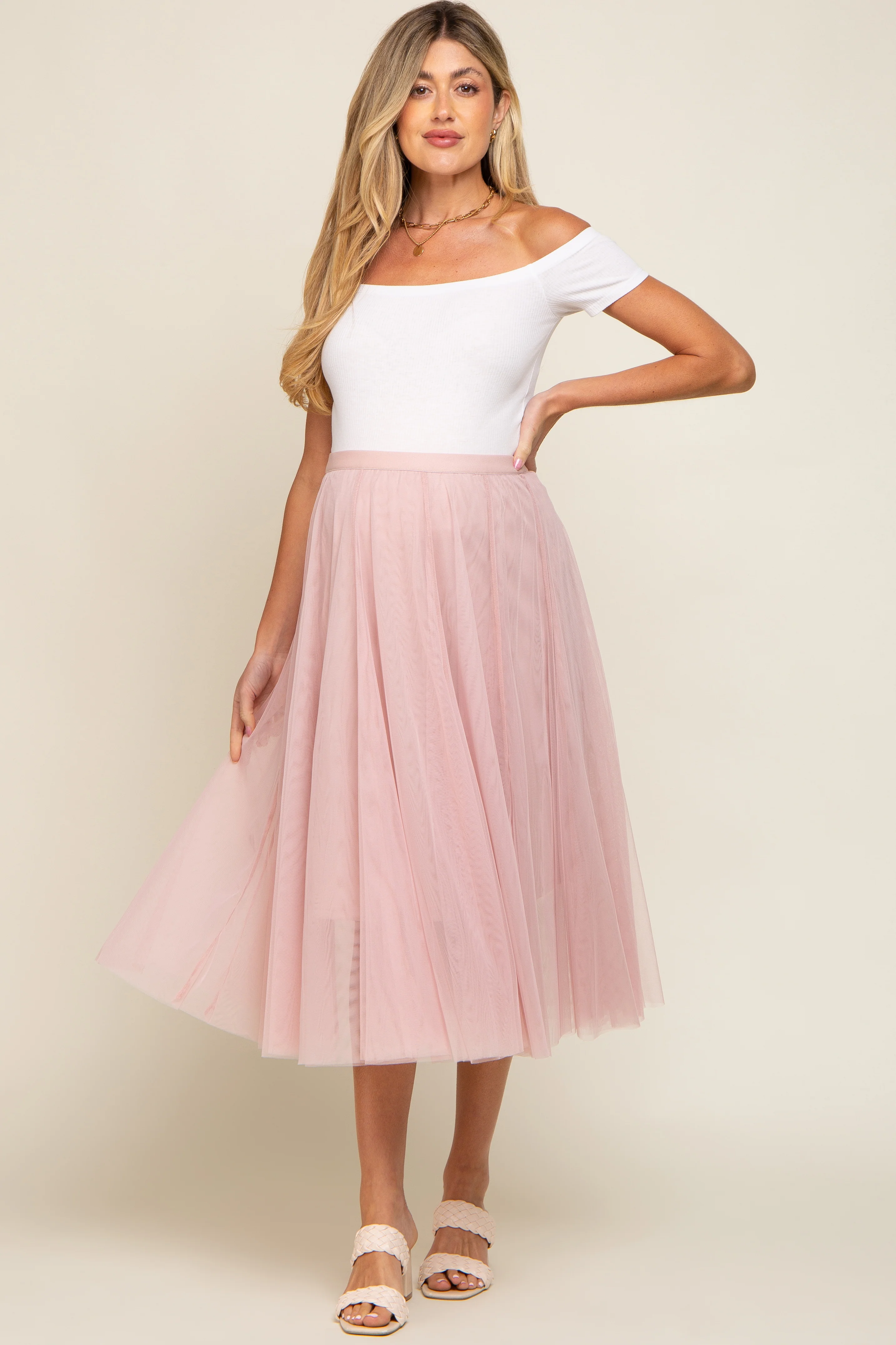 Light Pink Tulle Maternity Midi Skirt - Image 5