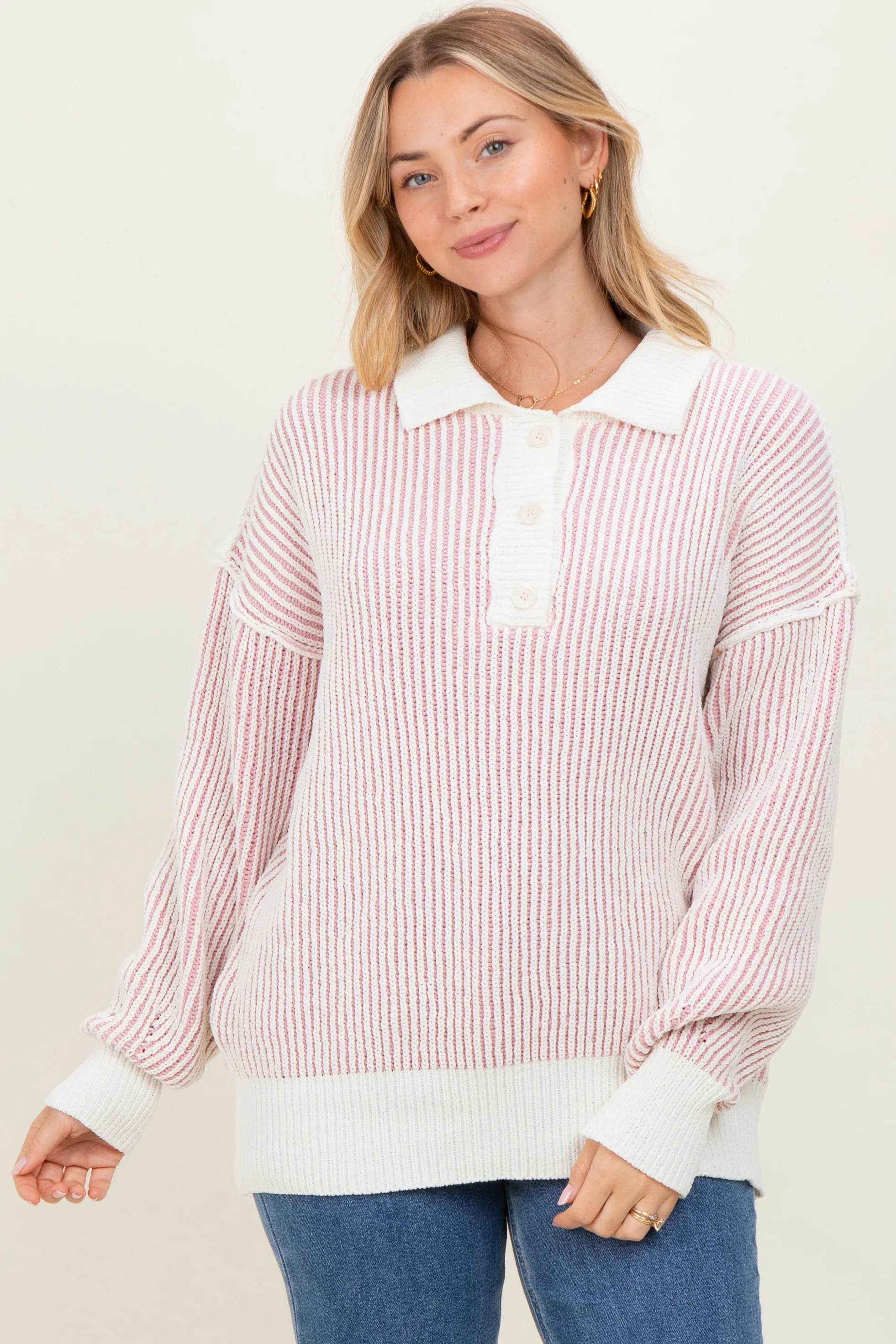 Light Pink Two Tone Stripe Textured Henley Neck Maternity Sweater Top - Image 5