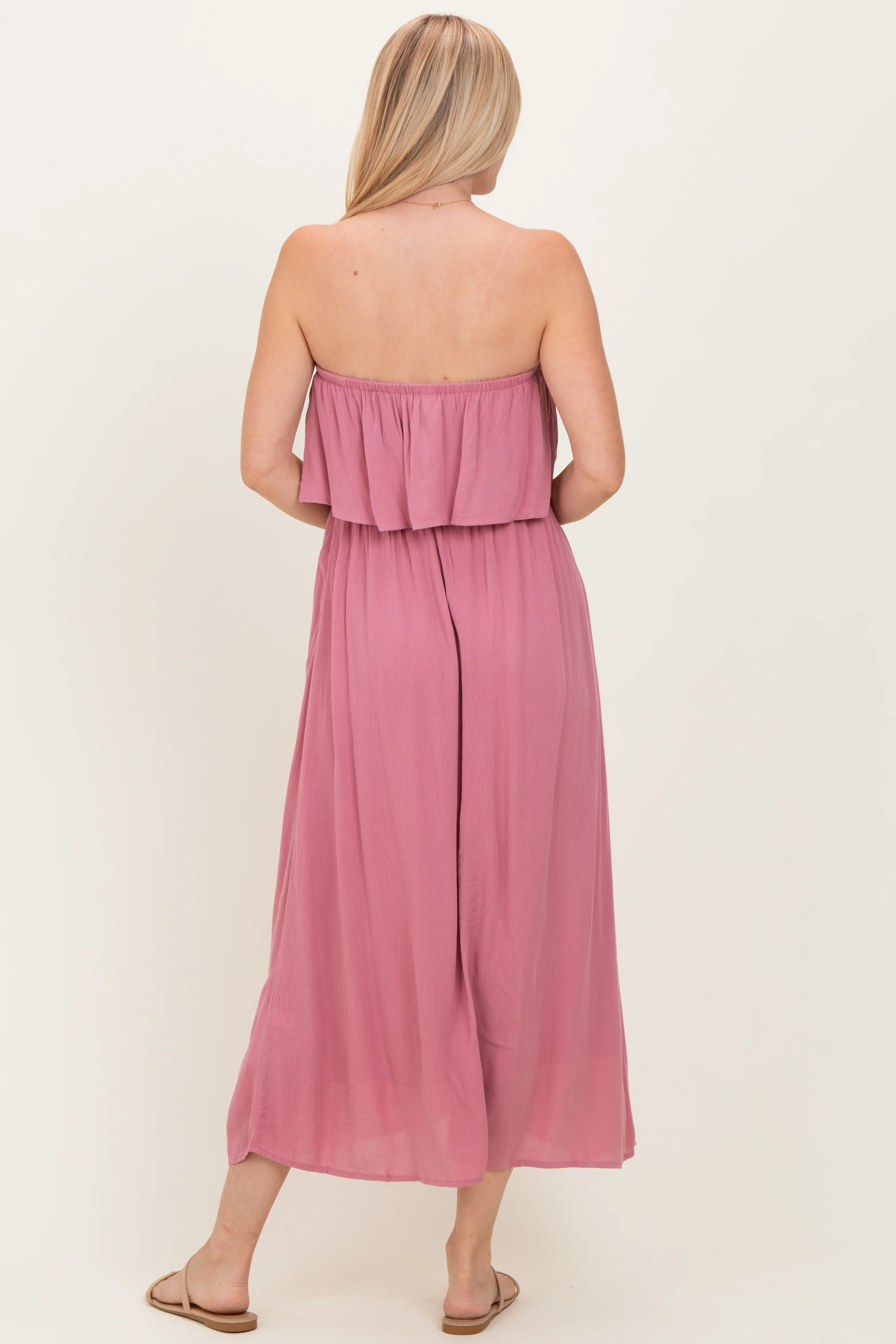 Light Rose Woven Crinkle Flounce Strapless Maxi Dress - Image 3