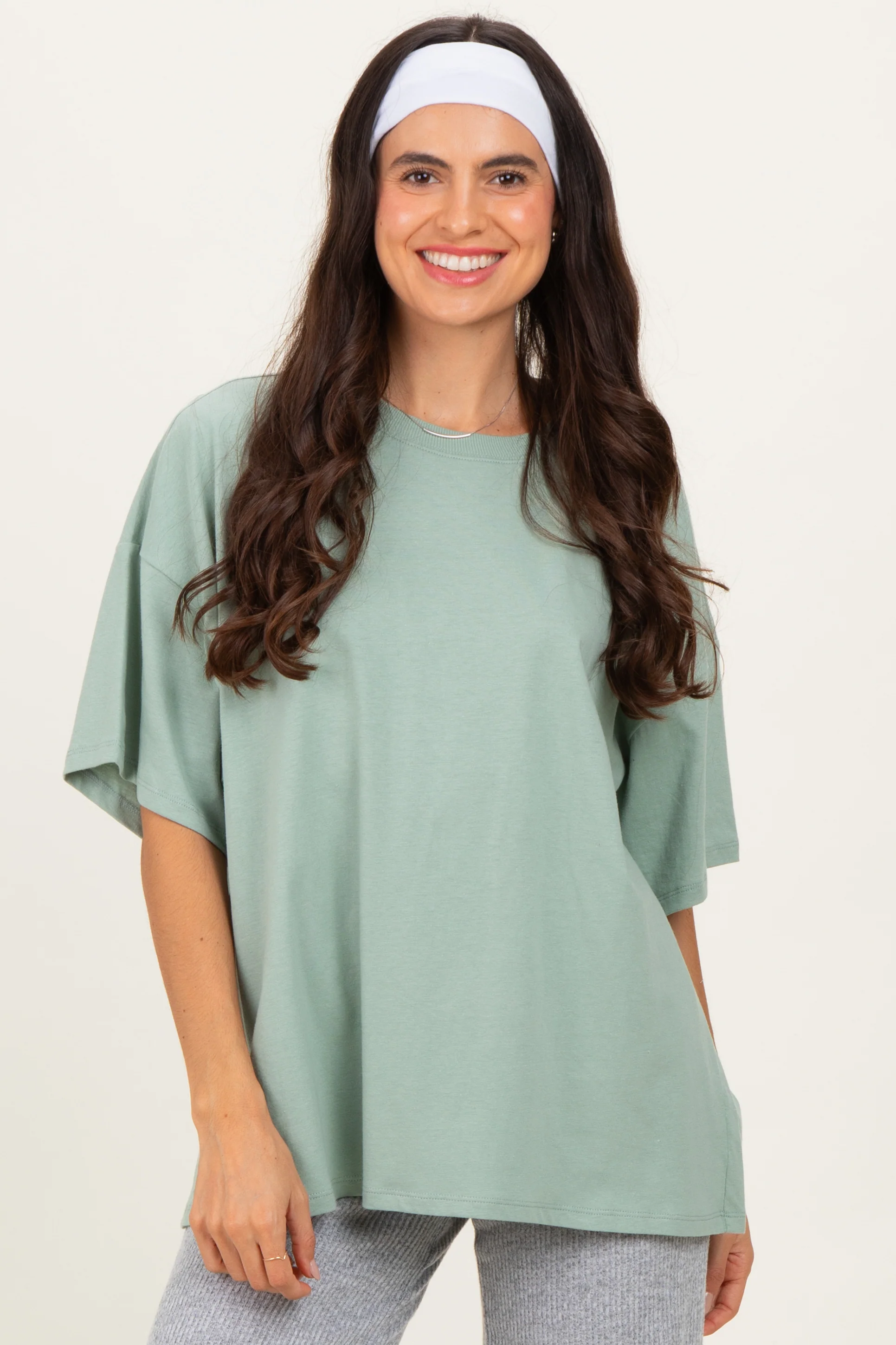Light Sage Crew Neck Short Sleeve Oversized Maternity T-Shirt - Image 5