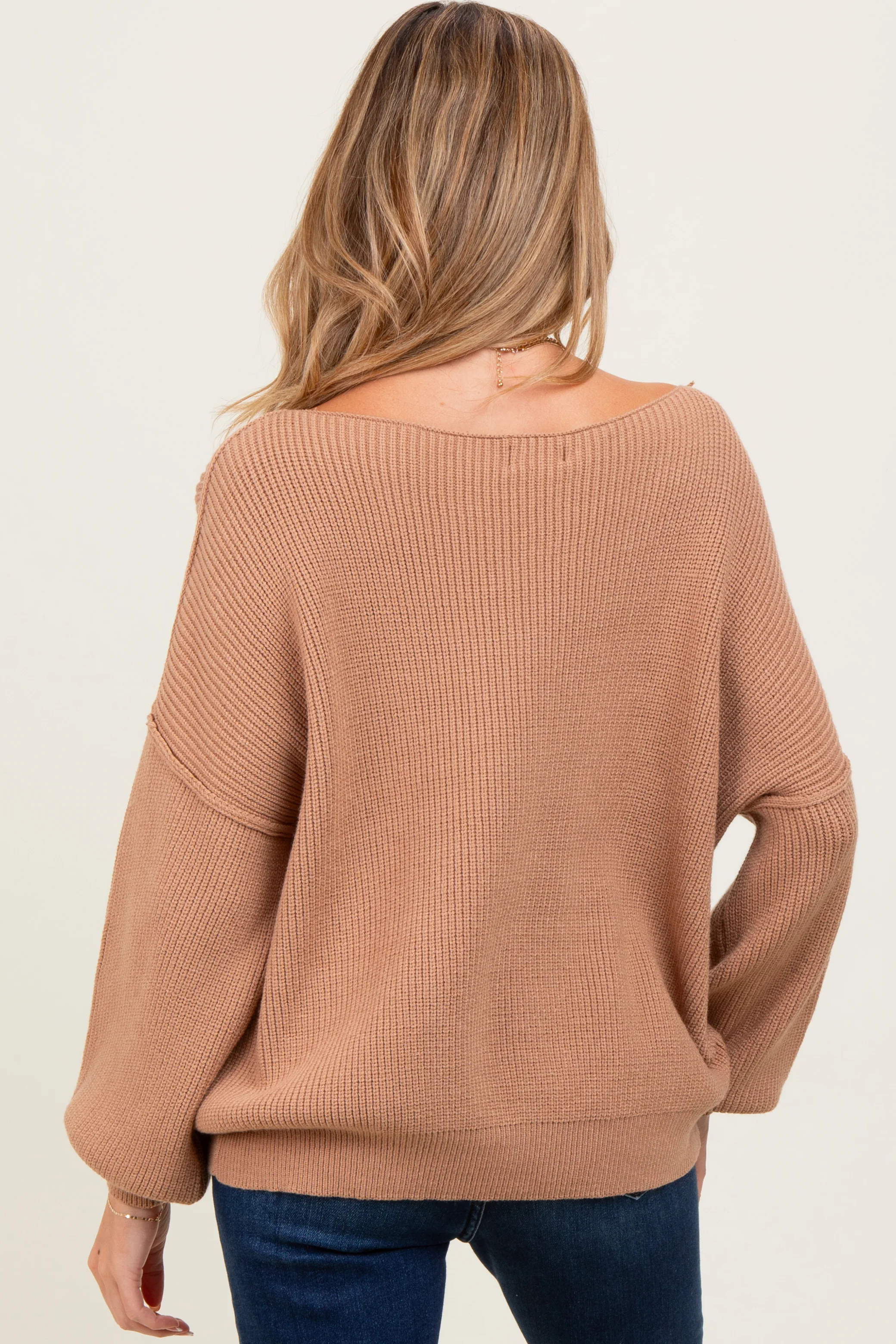 Light Taupe Balloon Sleeve Boat Neck Knit Maternity Sweater - Image 4