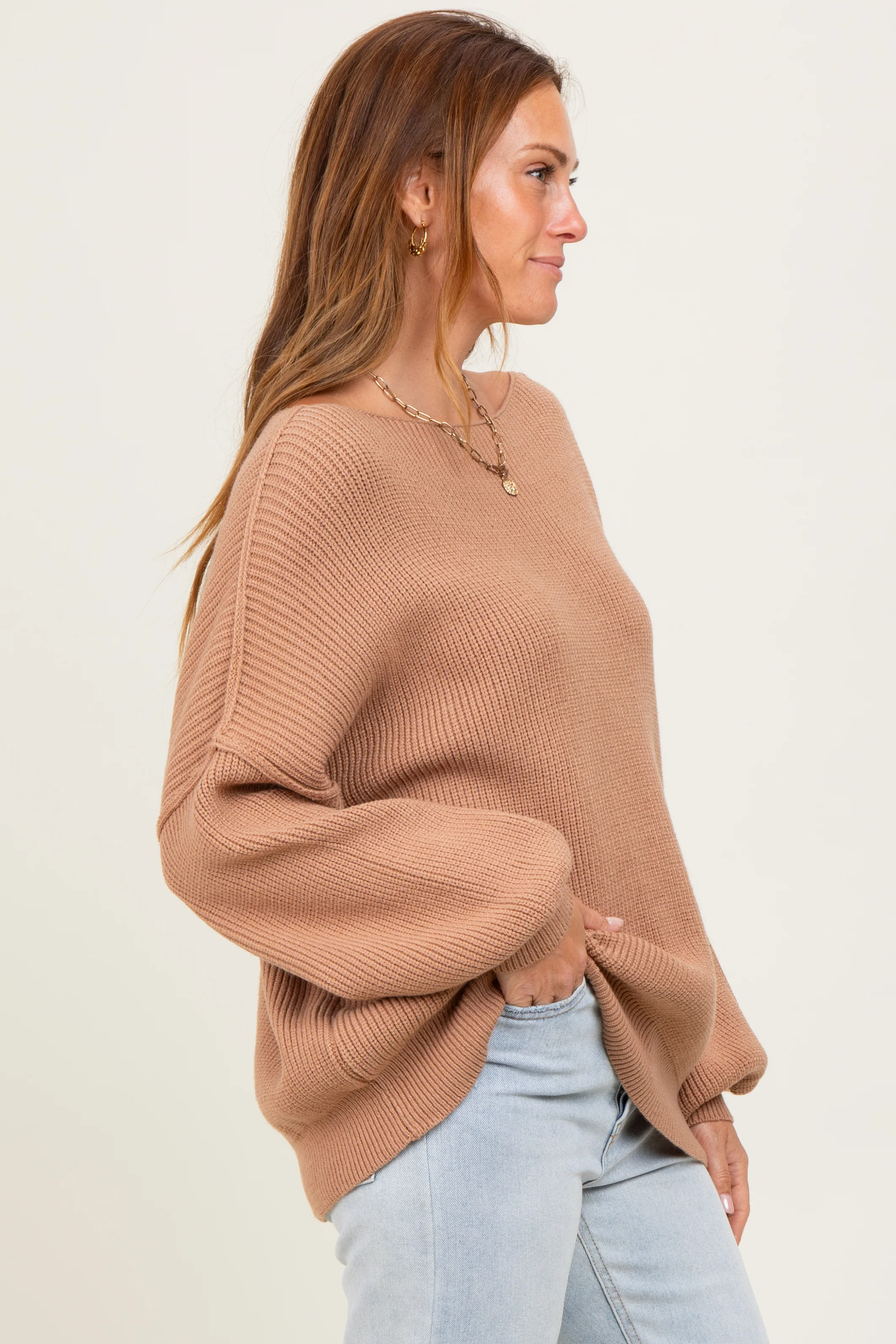 Light Taupe Balloon Sleeve Boat Neck Knit Sweater - Image 5