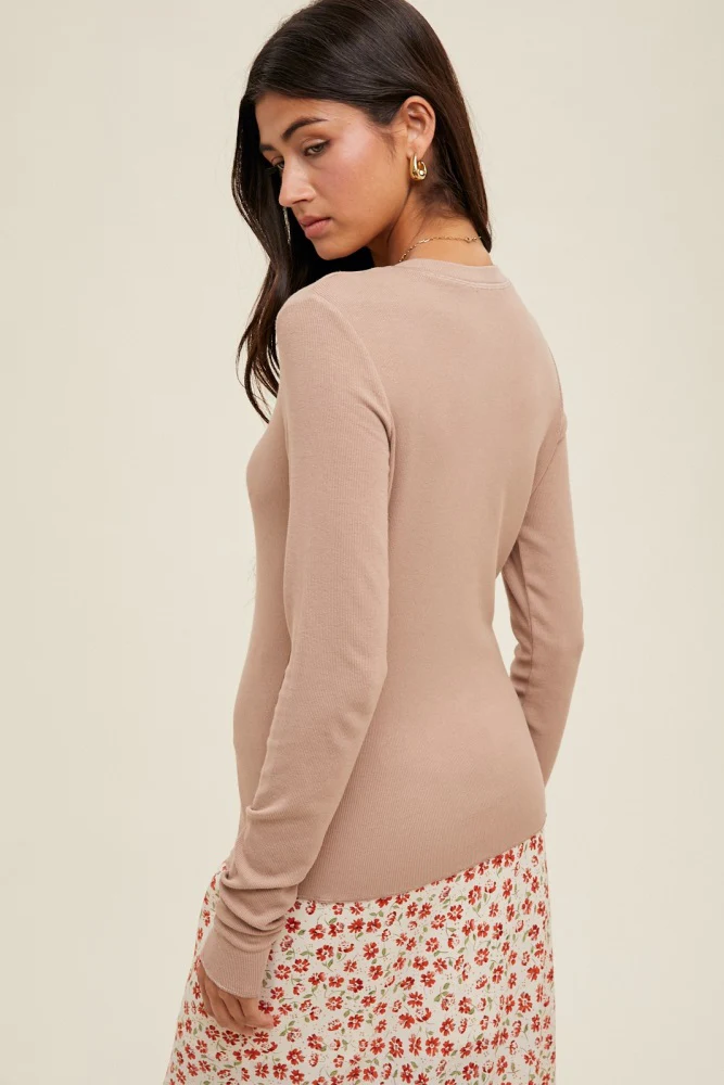 Light Taupe Basic Ribbed Knit Long Sleeve Top - Image 3