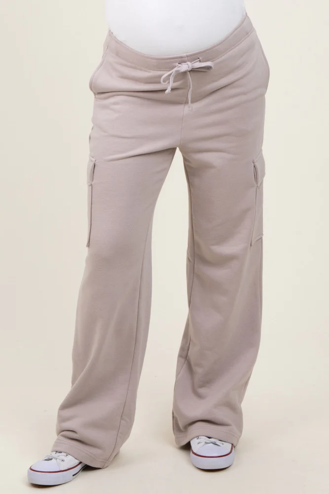 Light Taupe Cargo Pocket Straight Leg Maternity Sweatpants - Image 3