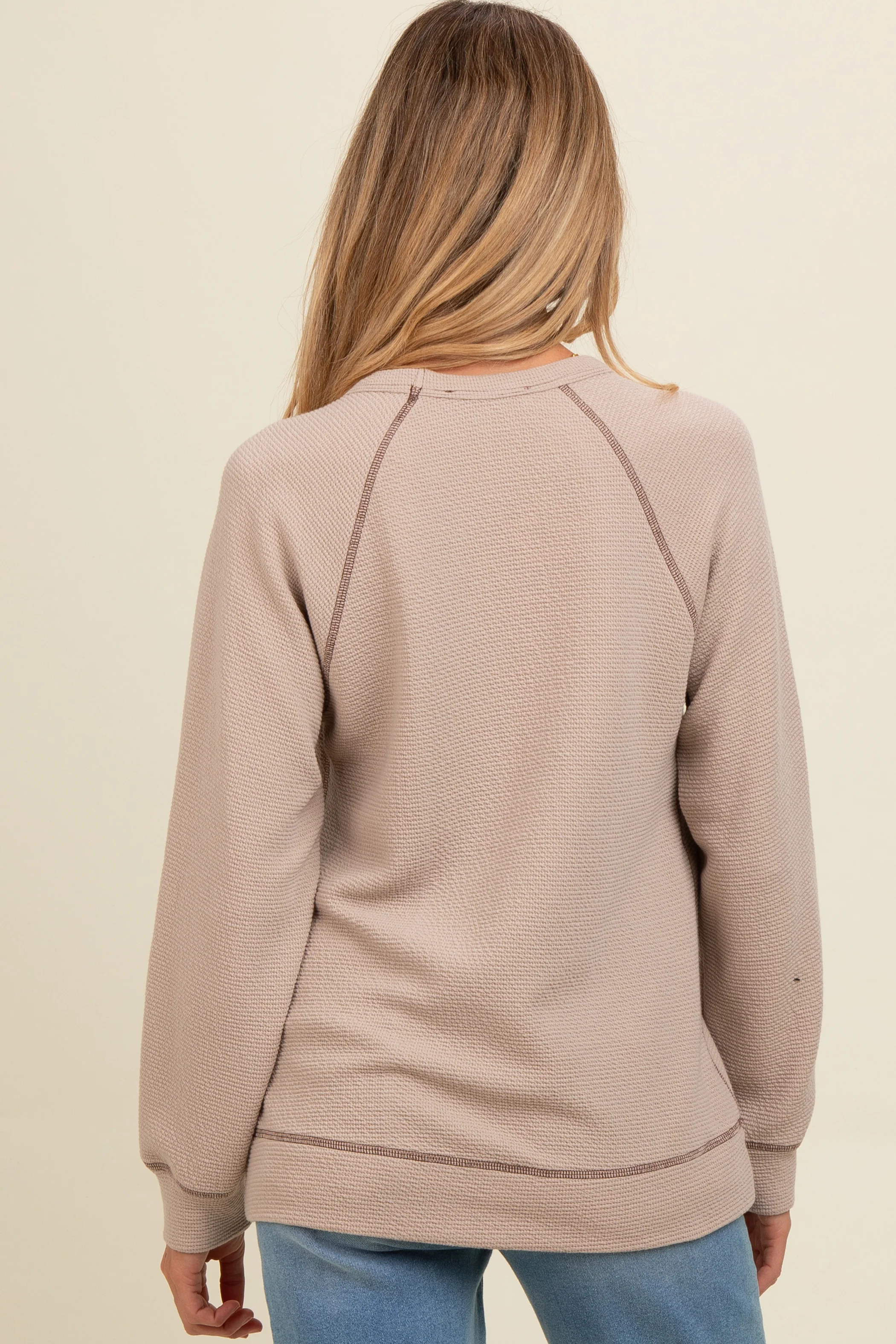Light Taupe Crewneck Waffle Knit Maternity Pullover Top - Image 3