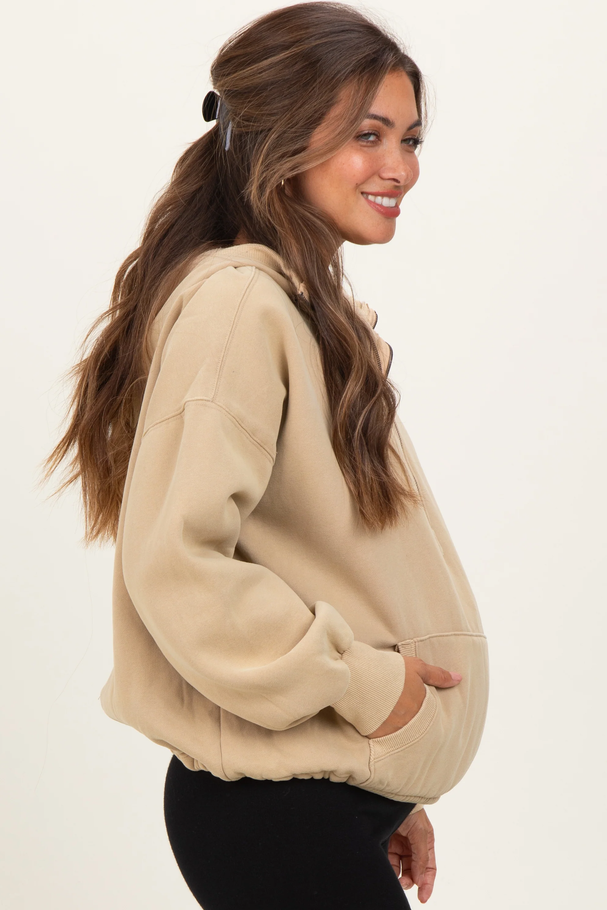 Light Taupe Fleece Half Zip Drop Shoulder Maternity Hoodie - Image 3
