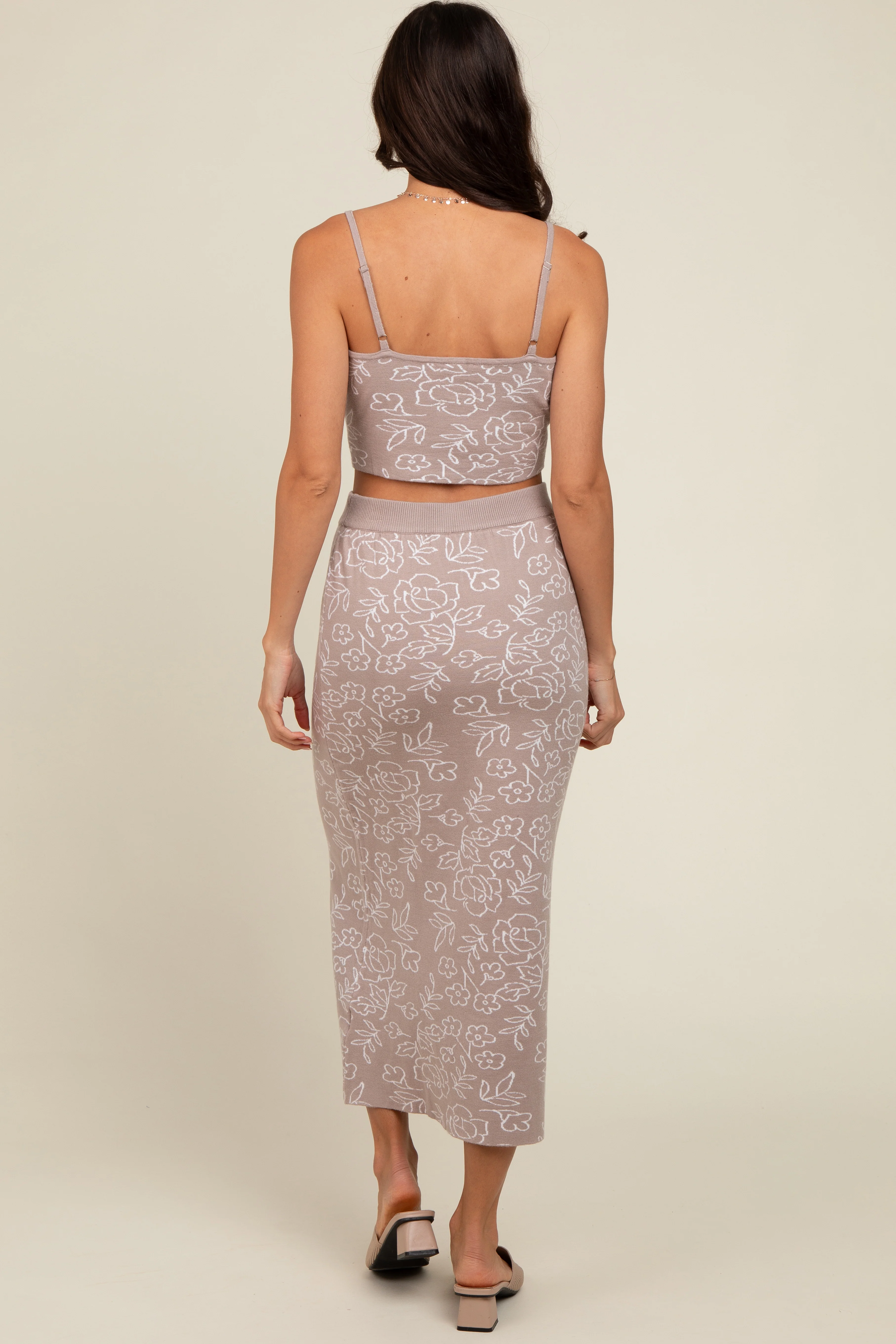 Light Taupe Floral Knit Crop Top and Midi Skirt Set - Image 3