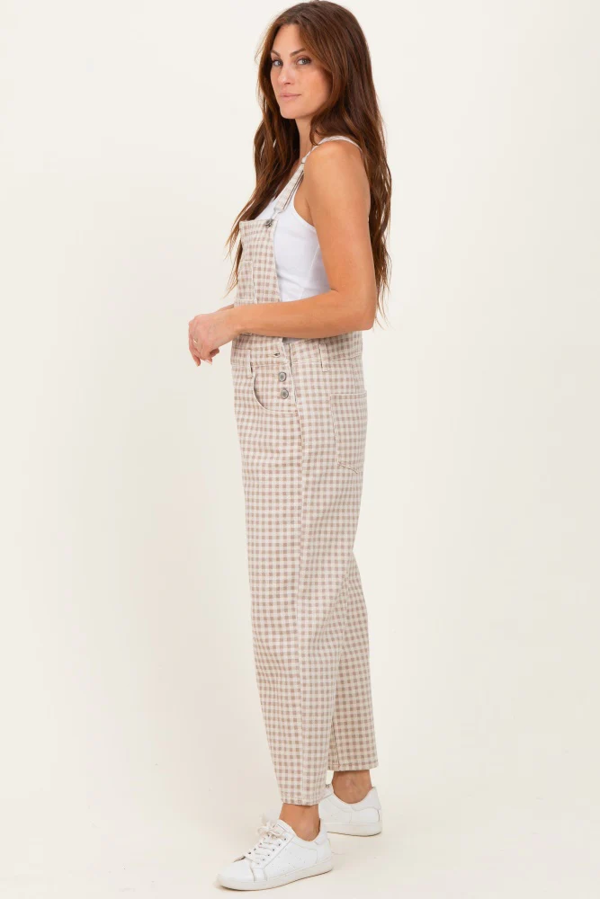 Light Taupe Gingham Denim Overalls - Image 3