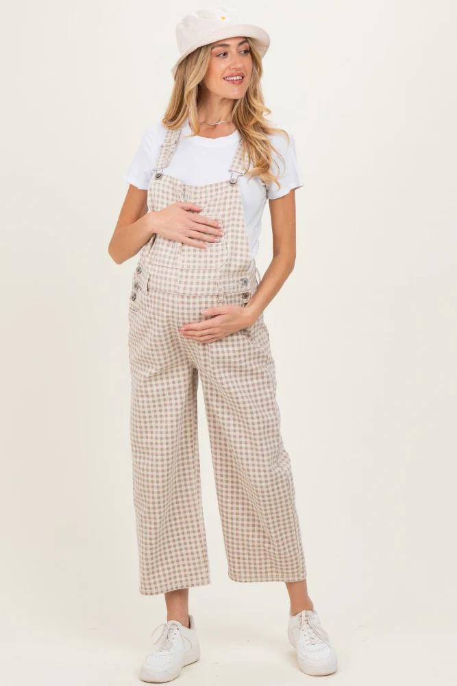 Light Taupe Gingham Maternity Denim Overalls - Image 2