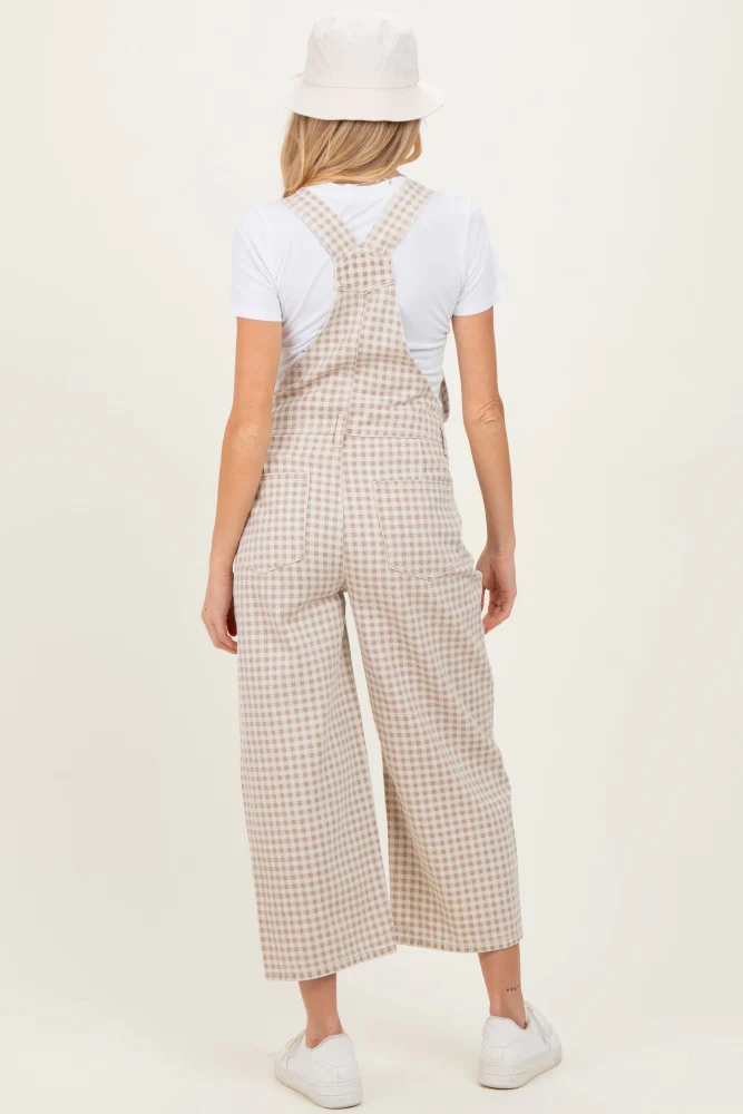 Light Taupe Gingham Maternity Denim Overalls - Image 5