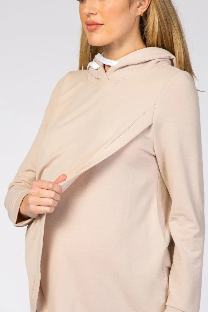 Light Taupe Layered Front Maternity/Nursing Fleece Hoodie - Image 5