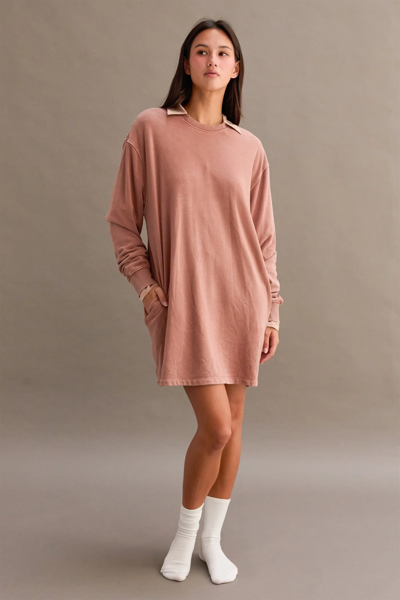 Light Taupe Mineral Wash Oversized Maternity Sweatshirt Mini Dress - Image 5