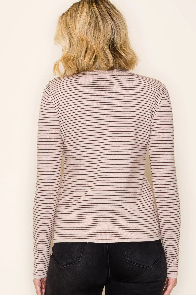 Light Taupe Pinstriped Mock Neck Knit Top - Image 4