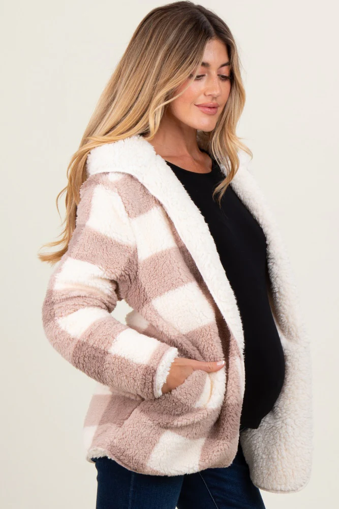 Light Taupe Plaid Teddy Fleece Hooded Maternity Cardigan - Image 2