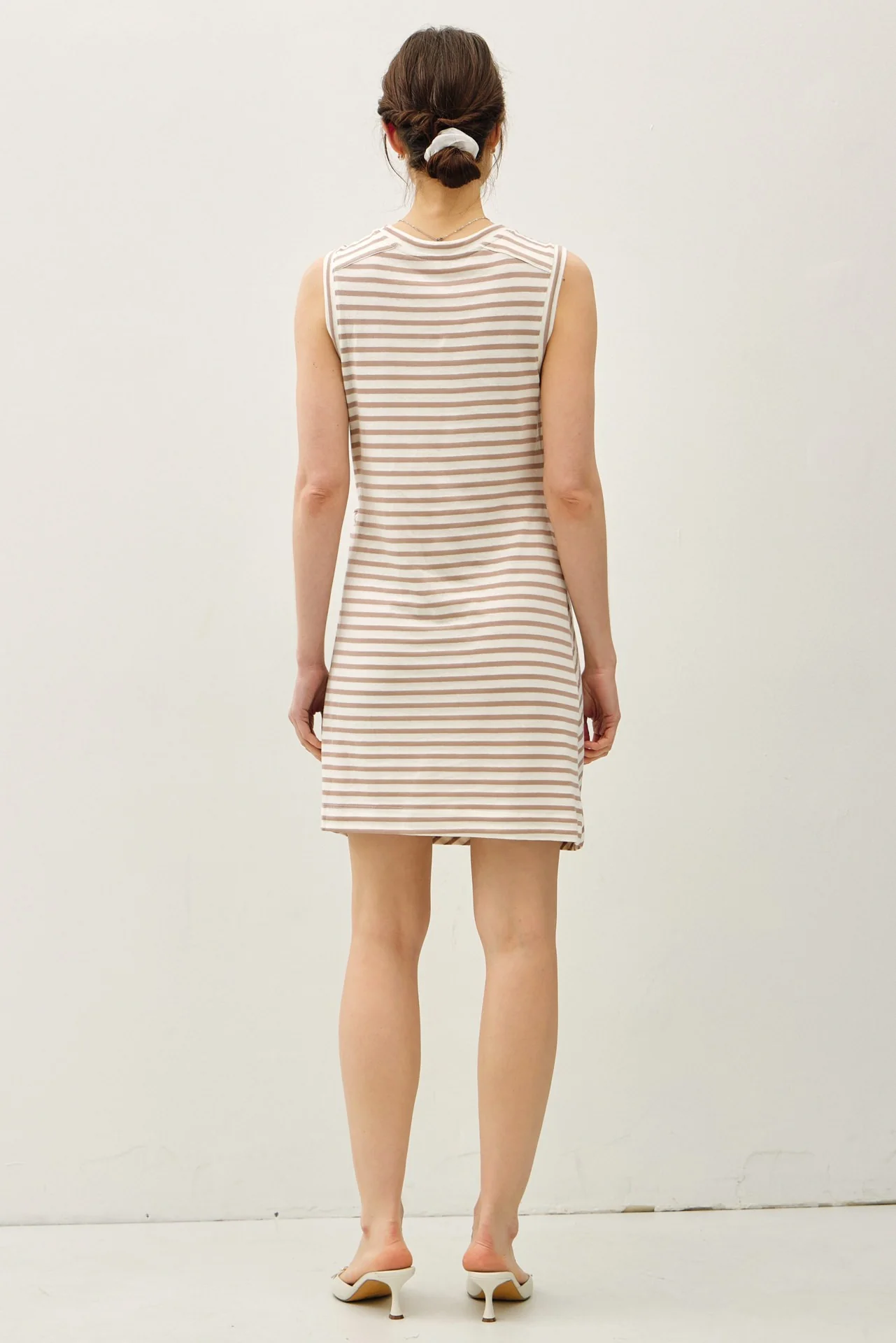 Light Taupe Striped Sleeveless Side Tie Mini Dress - Image 4