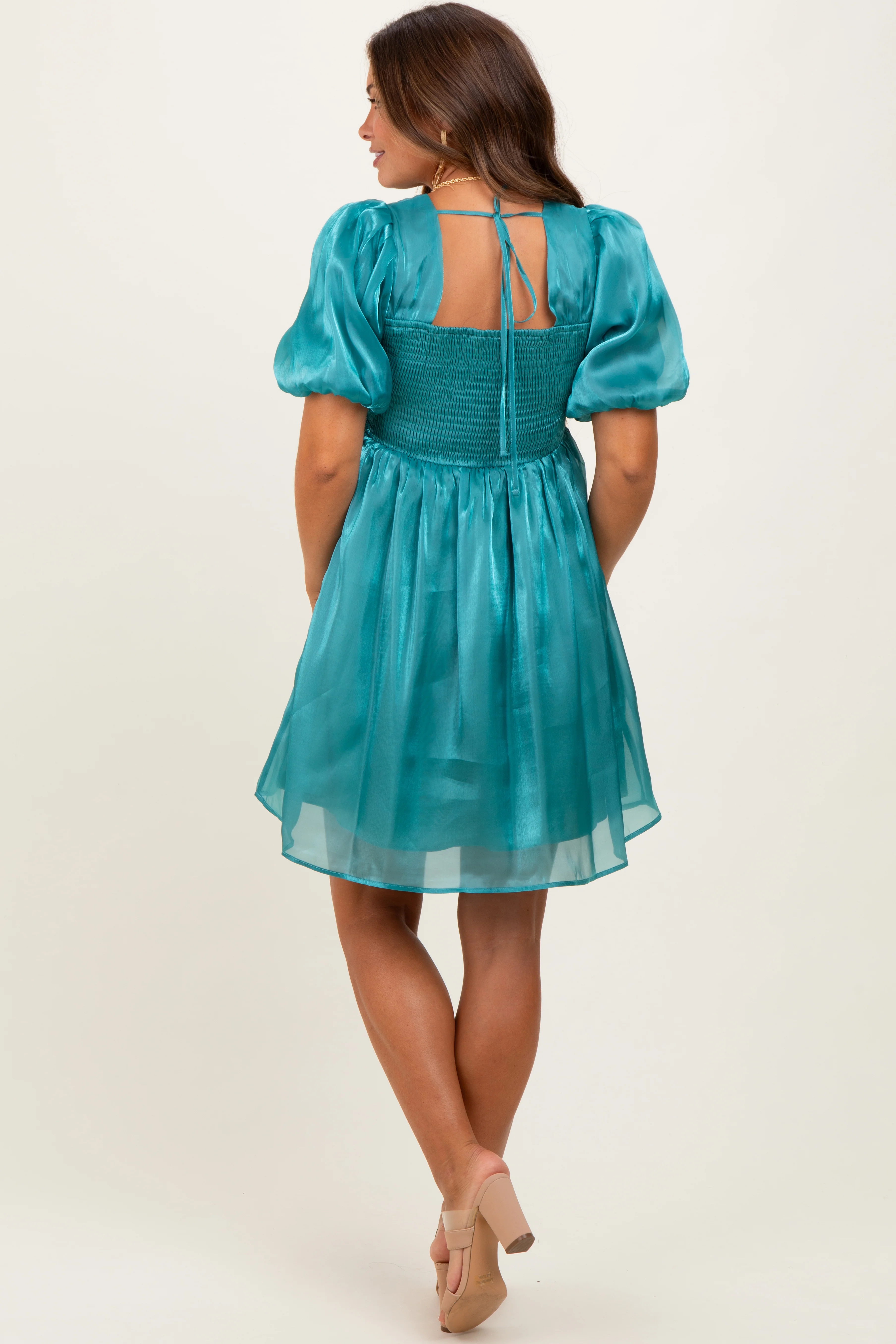 Light Teal Organza Smocked Puff Sleeve Maternity Mini Dress - Image 3