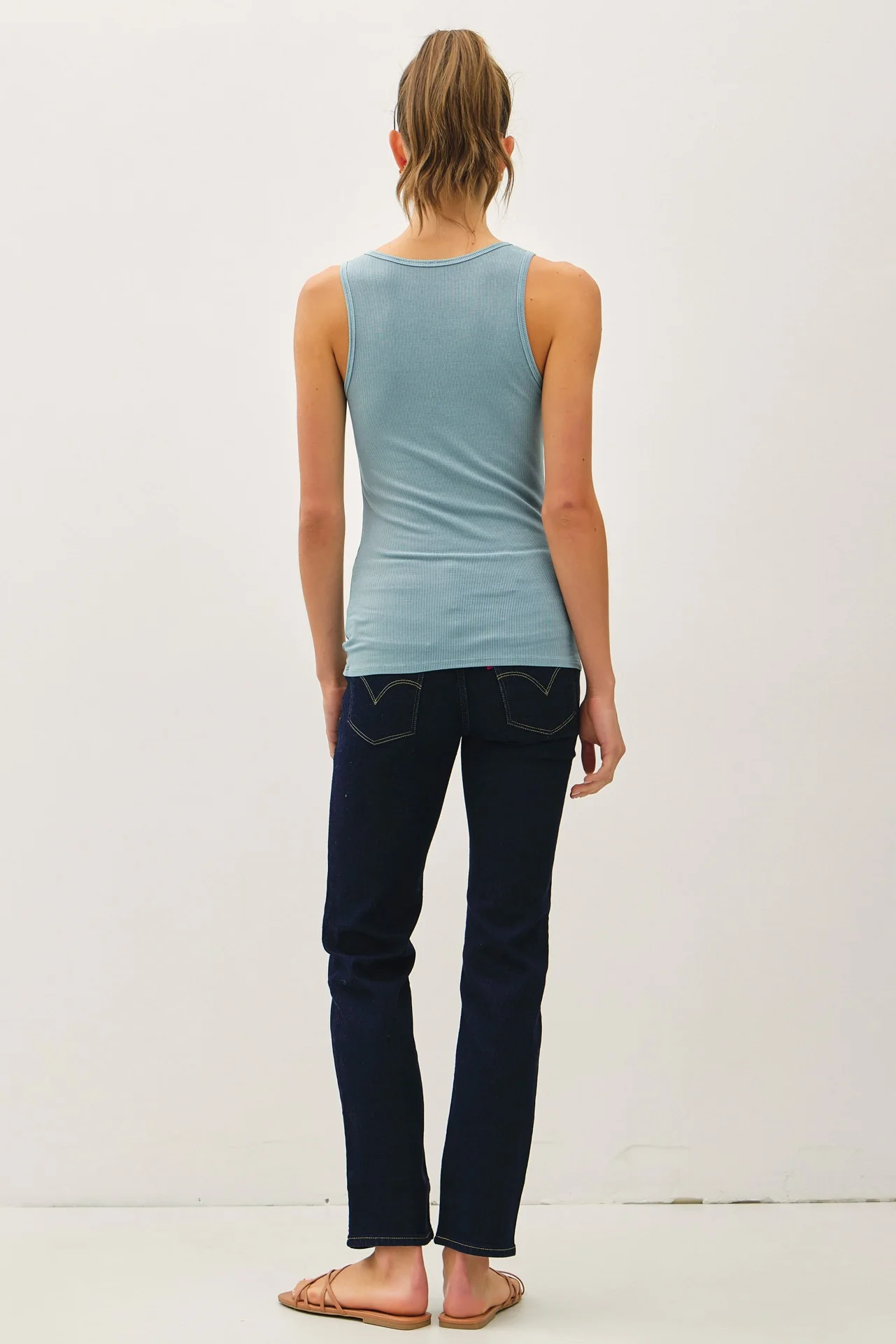 Light Teal Ribbed Split Neck Tank Top - Image 3