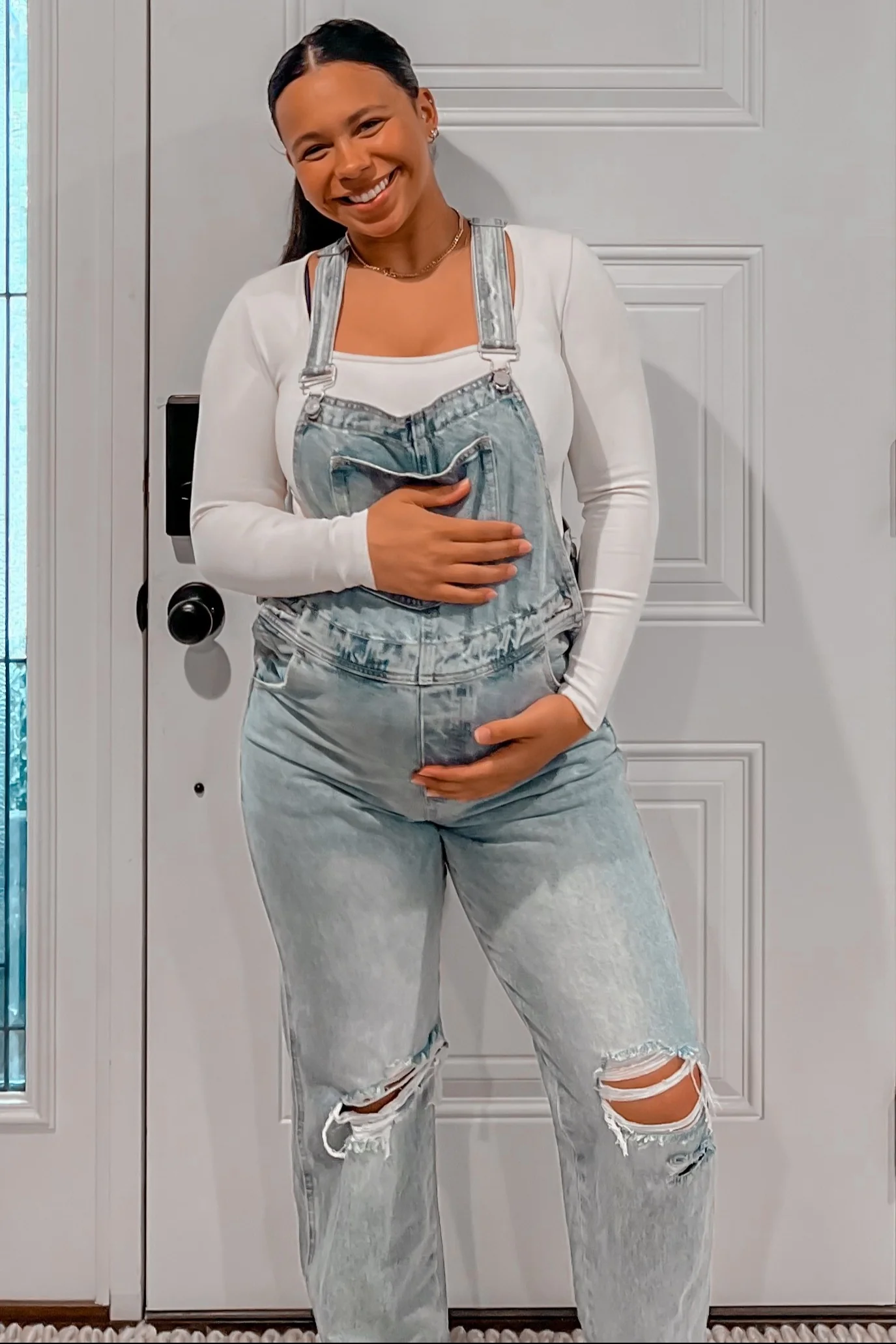 Light Wash Distressed Maternity Overalls - Image 6