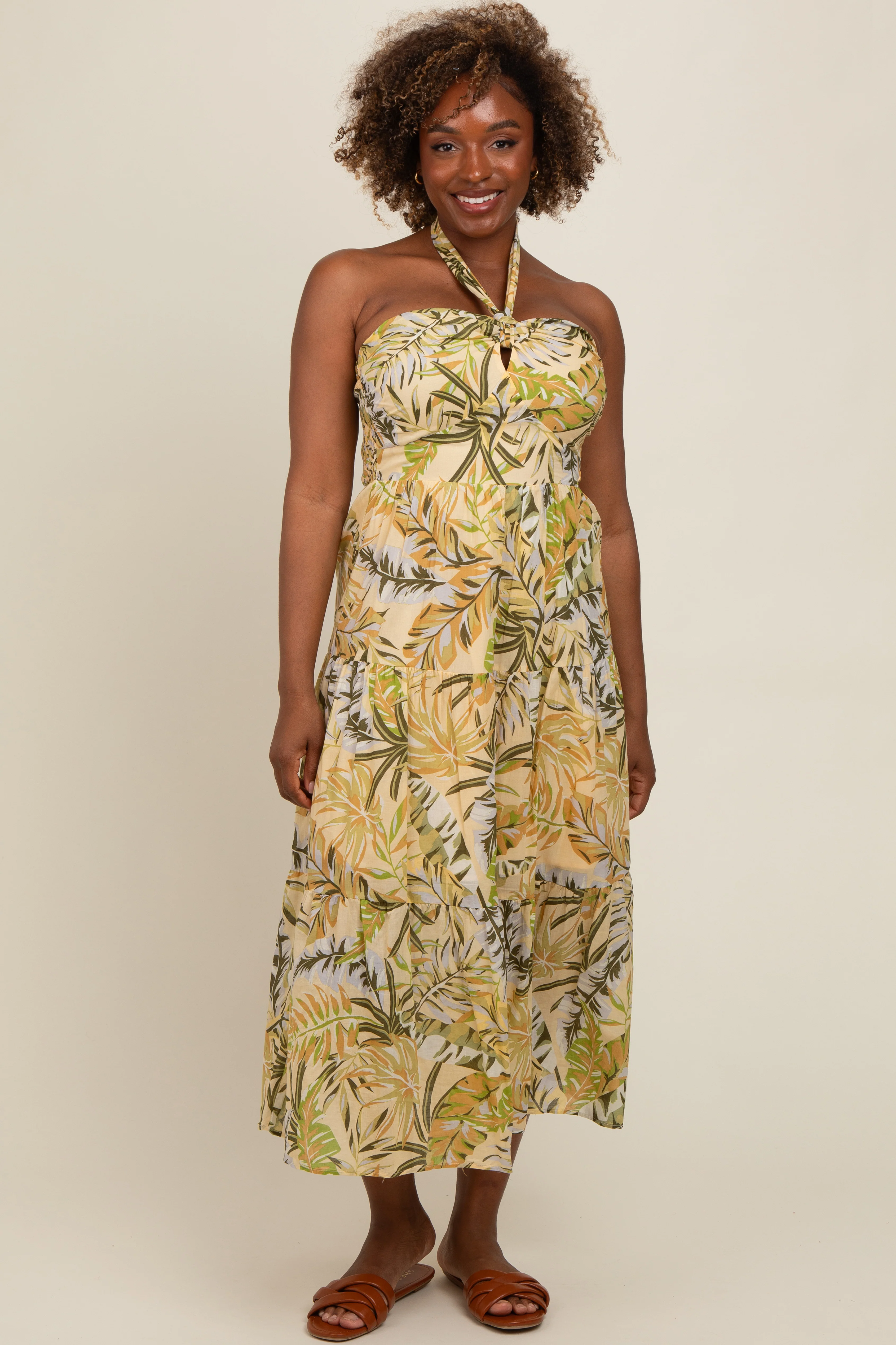 Light Yellow Tropical Halter Maternity Maxi Dress - Image 4