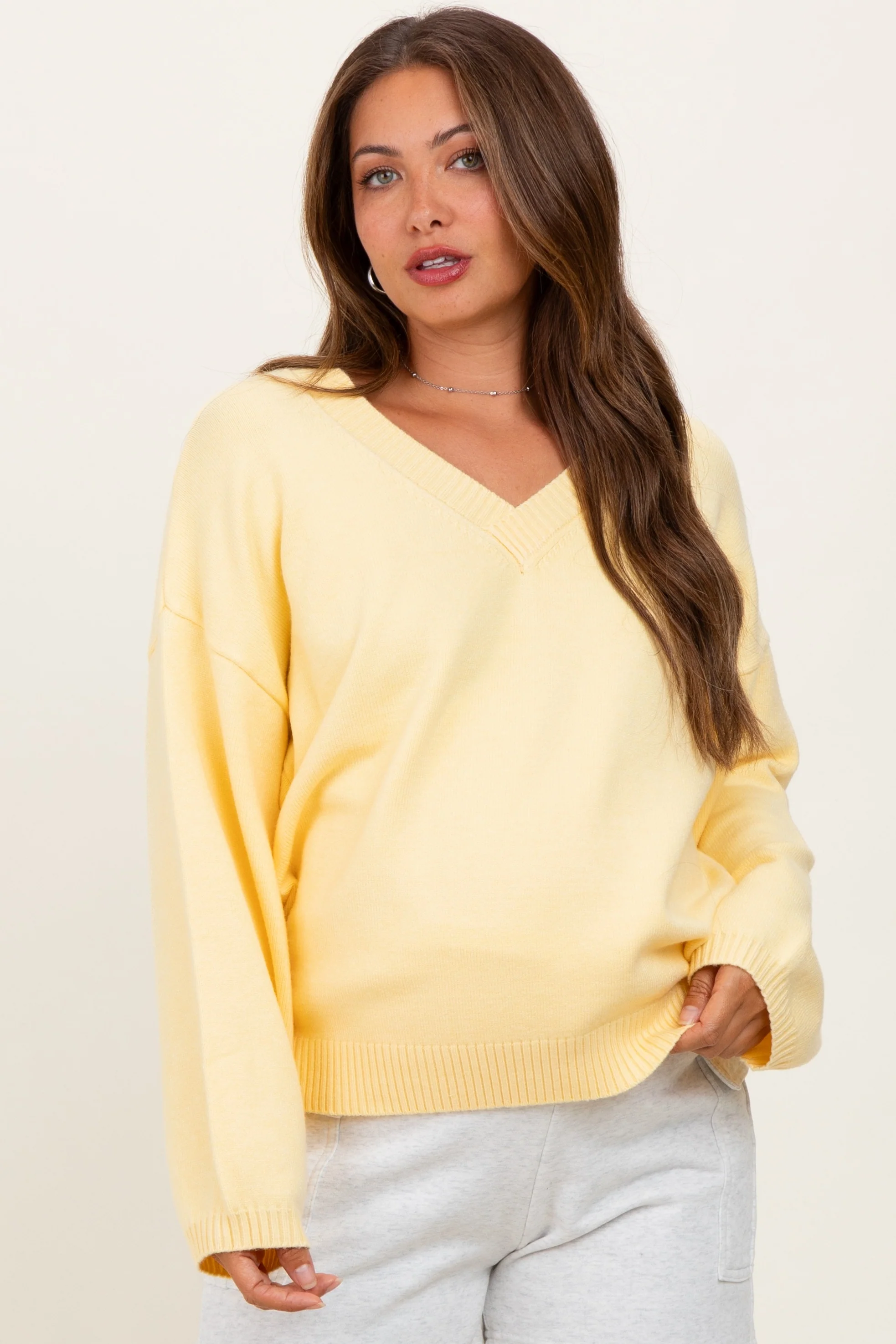 Light Yellow V-Neck Drop Shoulder Maternity Sweater - Image 3