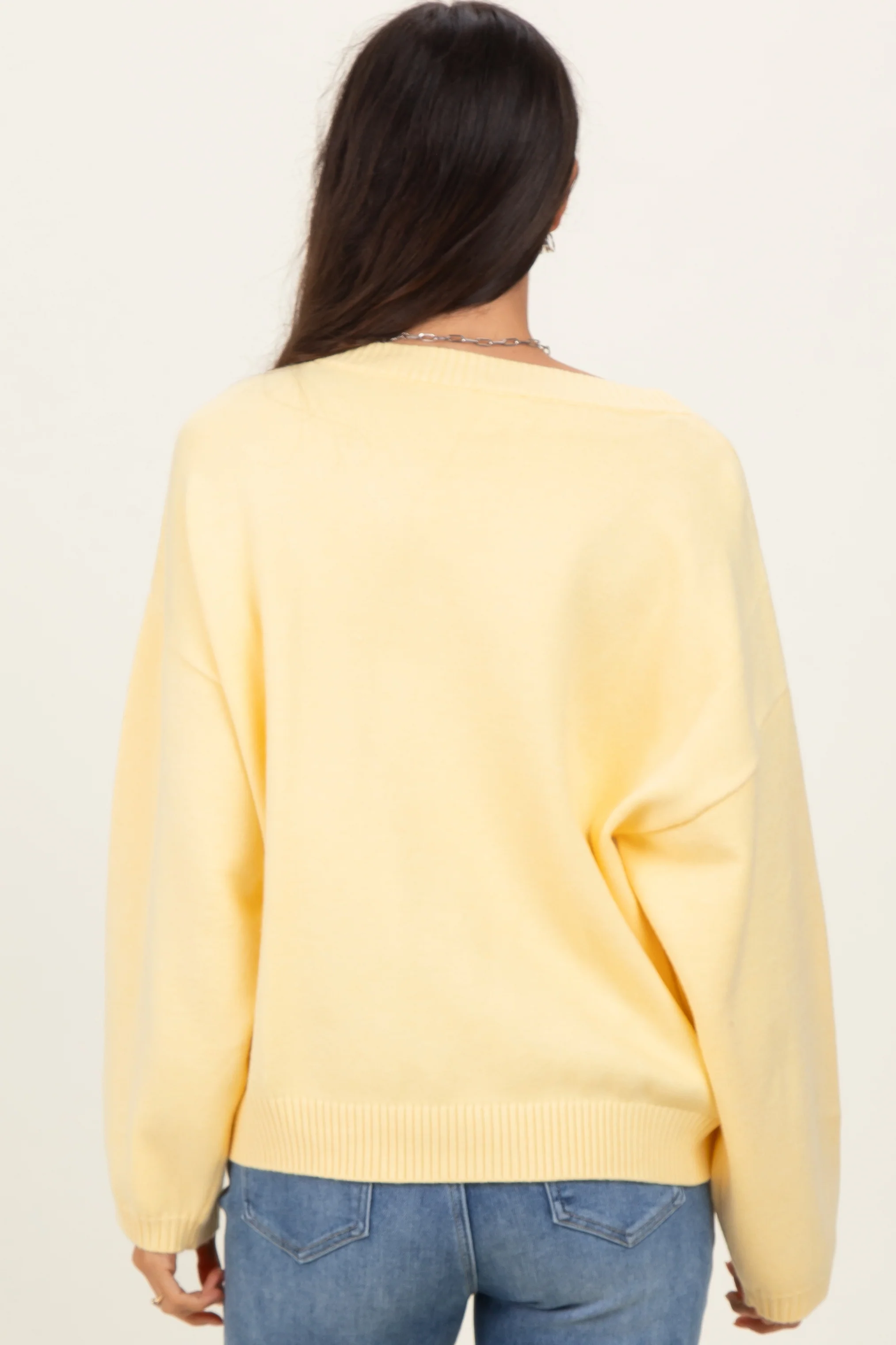 Light Yellow V-Neck Drop Shoulder Sweater - Image 4