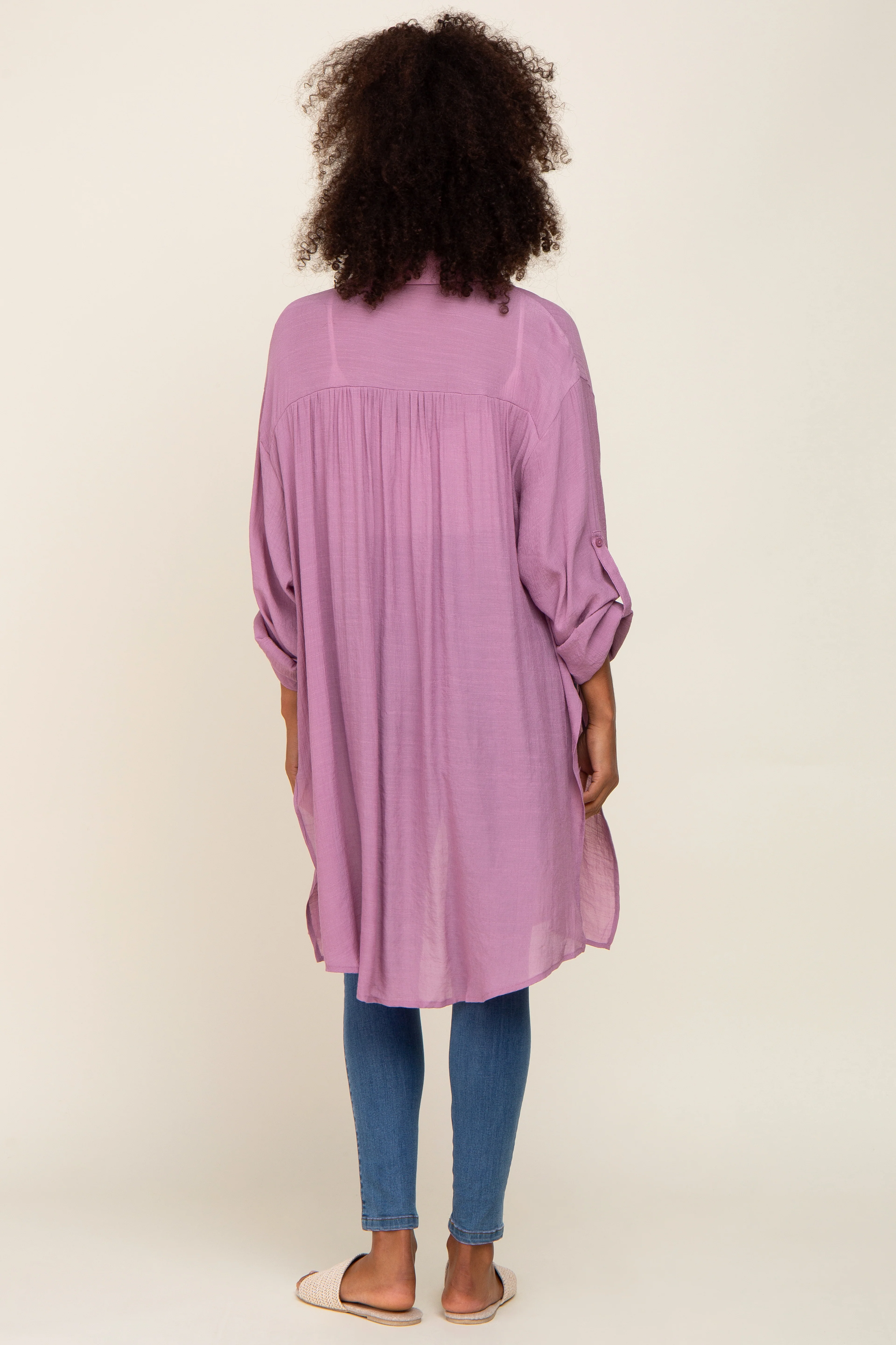 Lilac Button Front Side Slit Oversized Blouse - Image 3