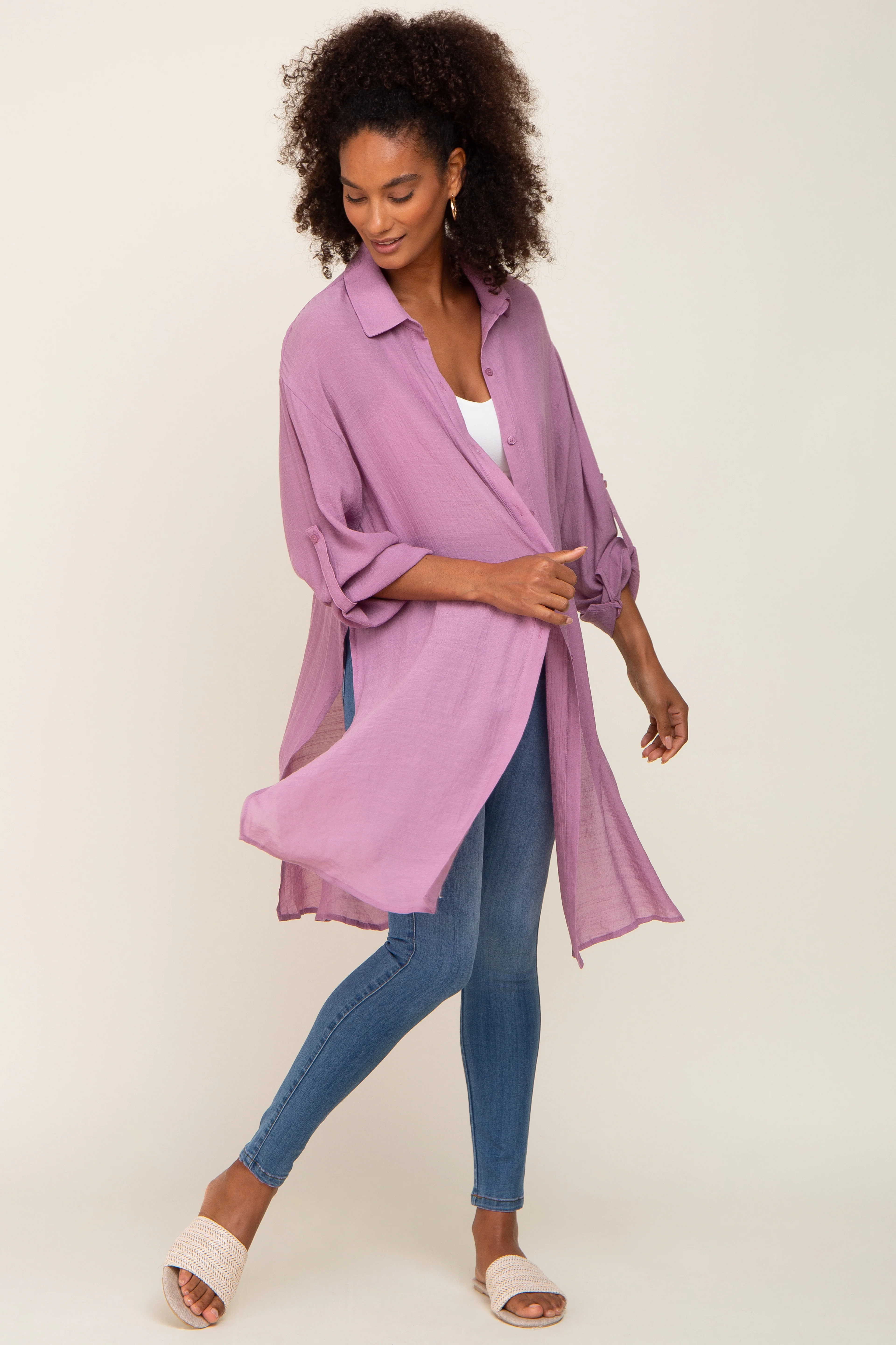 Lilac Button Front Side Slit Oversized Blouse - Image 4