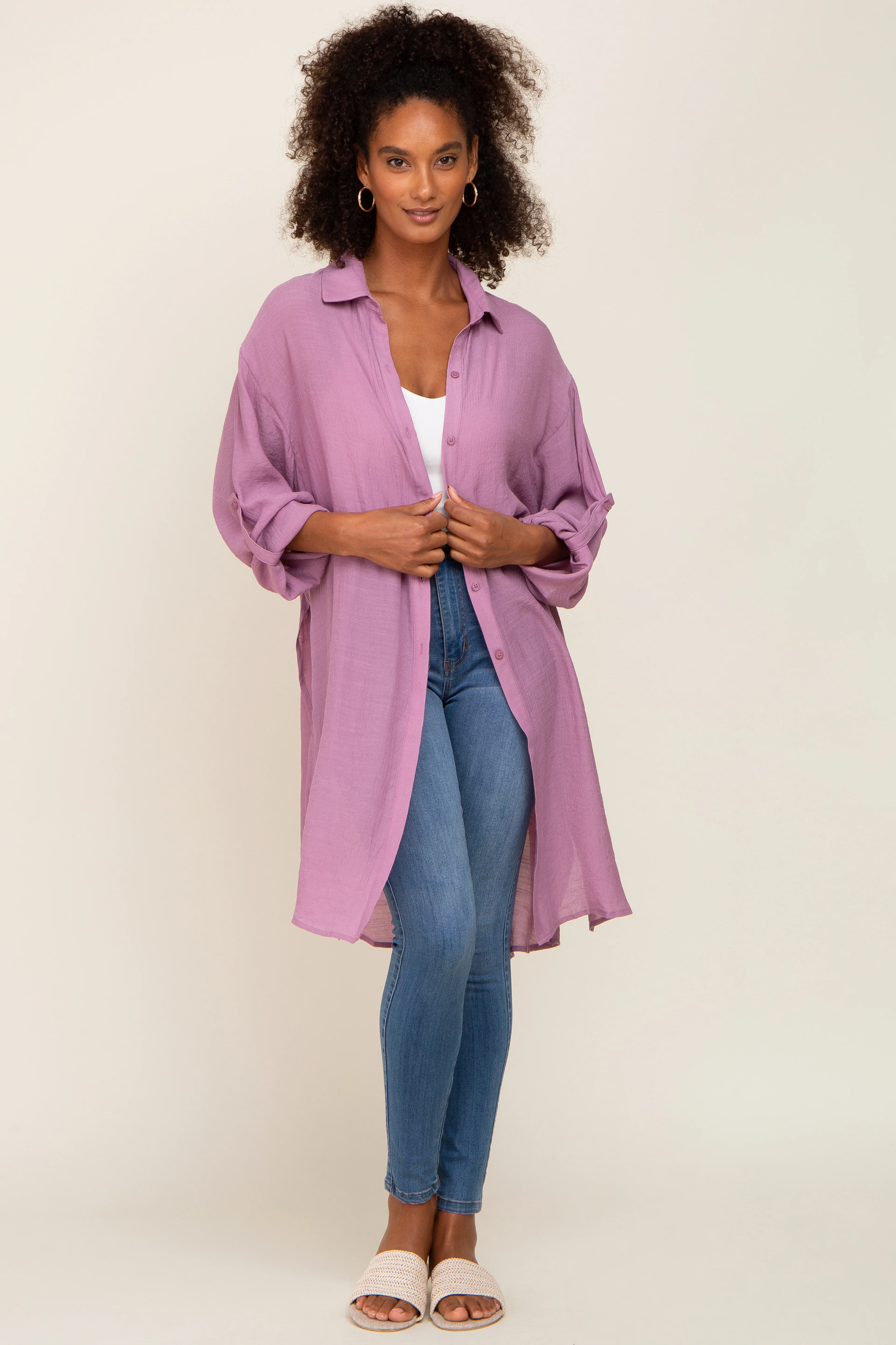 Lilac Button Front Side Slit Oversized Blouse - Image 5