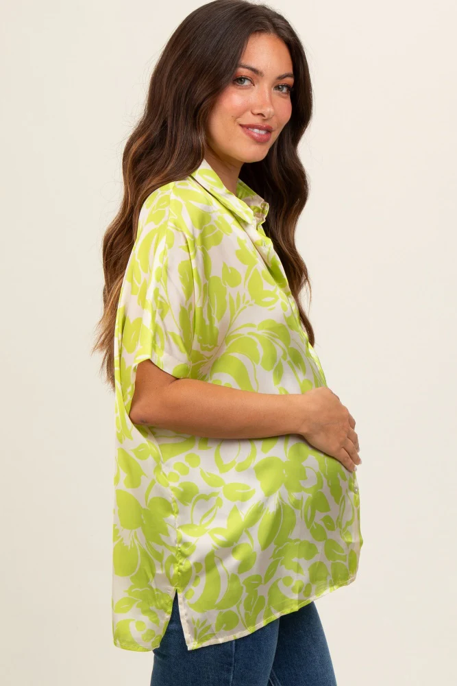 Lime Floral Button Down Maternity Blouse - Image 3