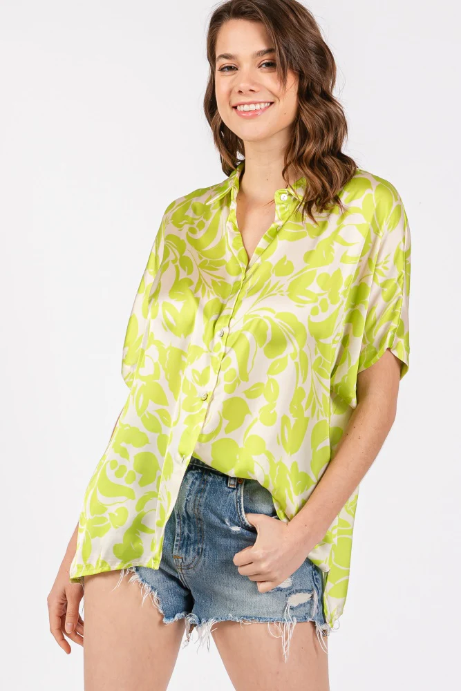 Lime Floral Button Down Maternity Blouse - Image 5
