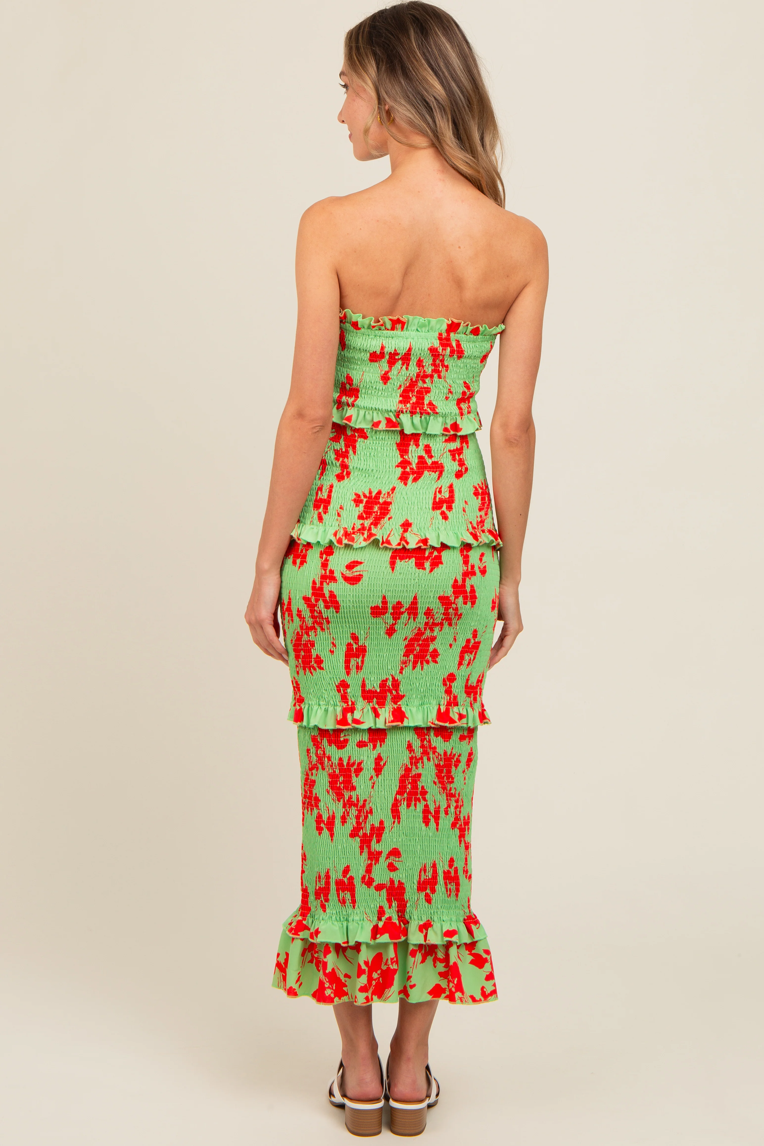 Lime Floral Smocked Drawstring Front Cutout Ruffle Trim Midi Dress - Image 4