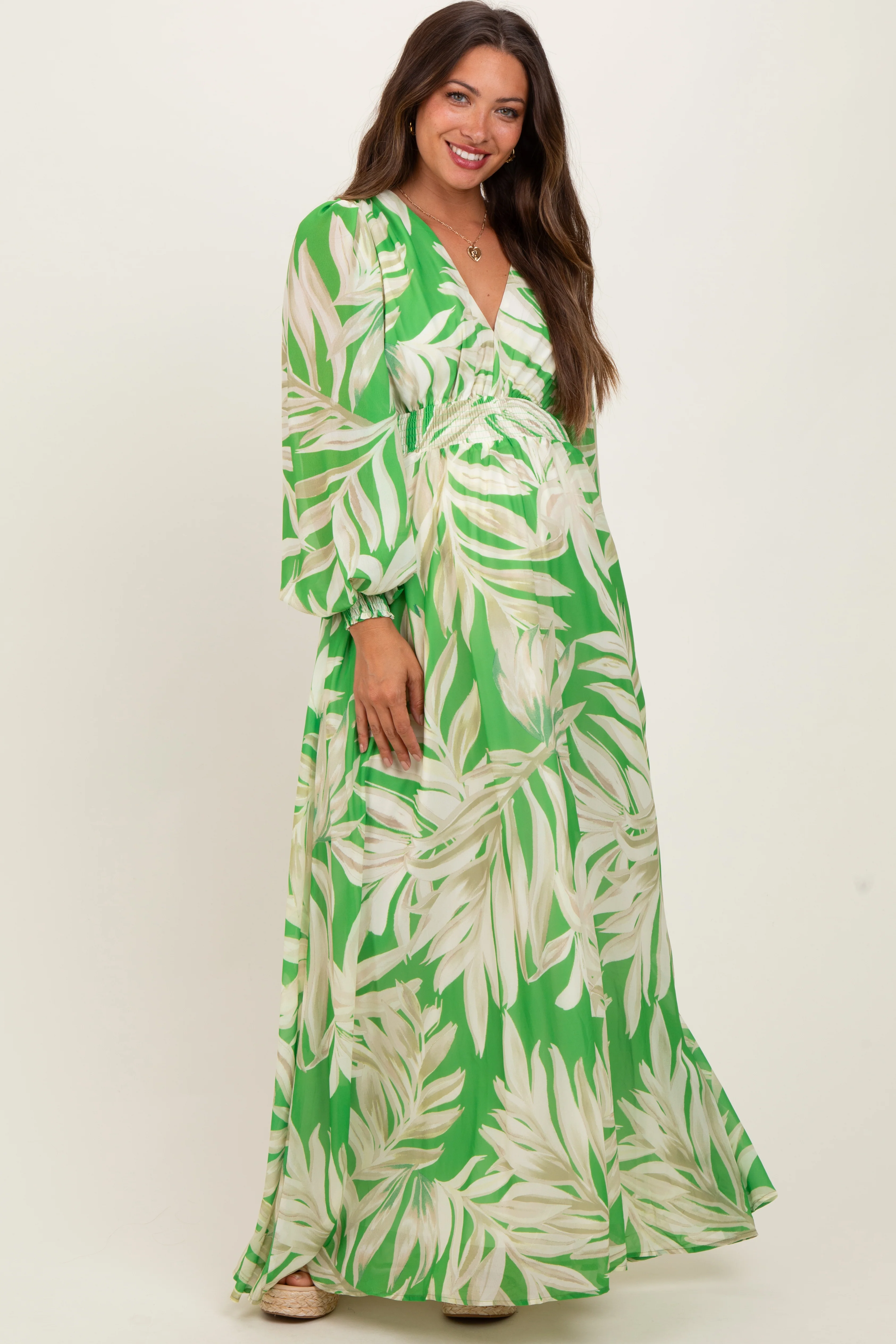 Lime Leaf Print Smocked Waist Long Sleeve Maternity Maxi Dress - Image 2